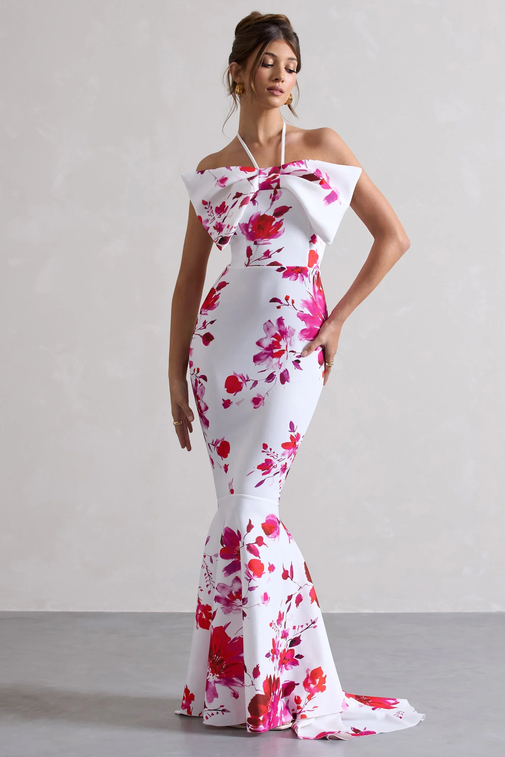 Sakura Pink Floral Print Halter Neck Fishtail Maxi Dress With Bow