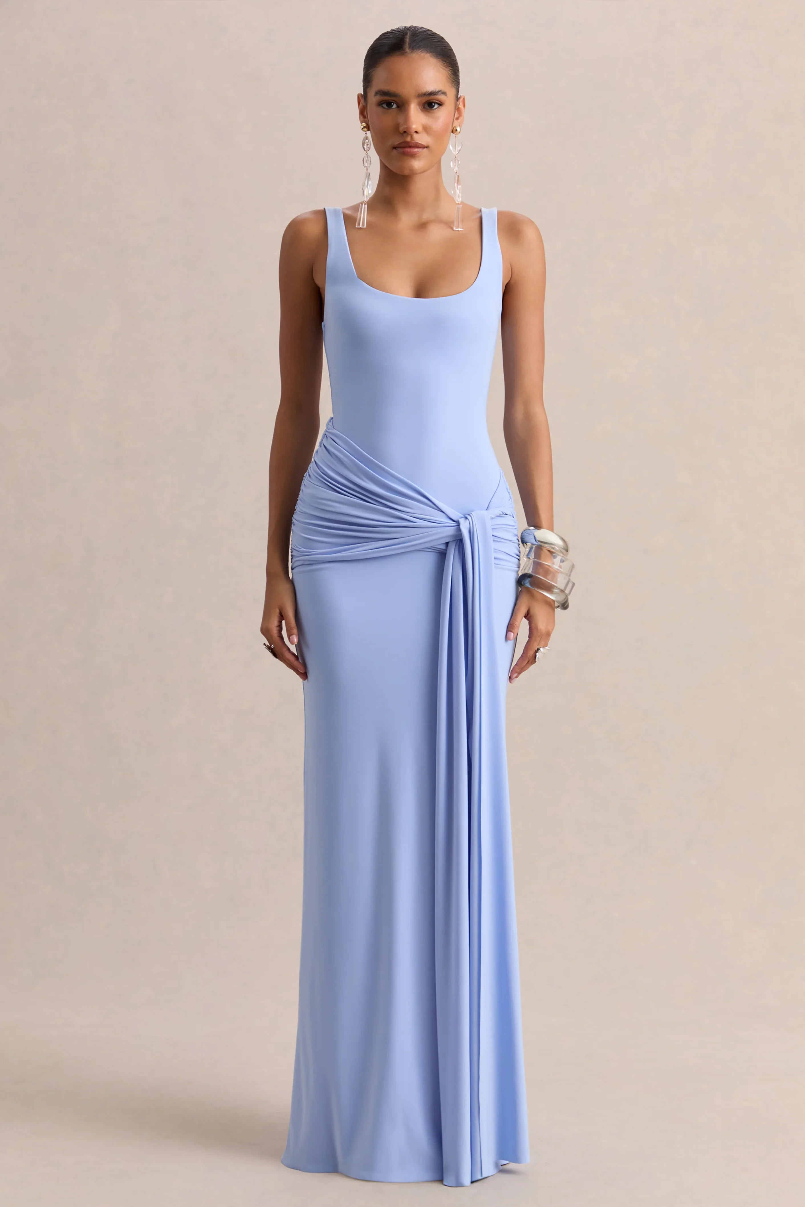 Lienna Powder Blue Scoop Neck Maxi Dress With Gathered Detail And Sash