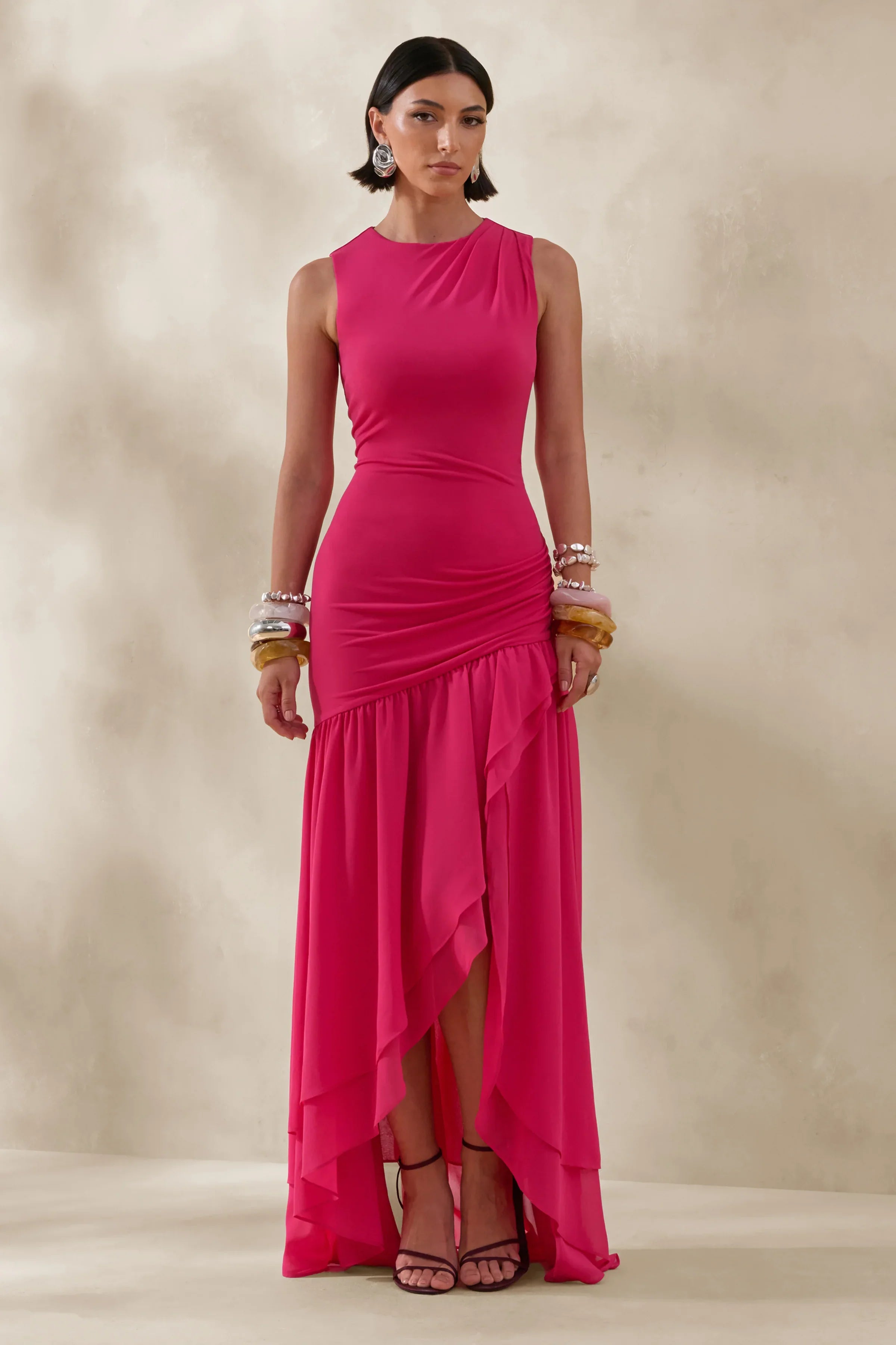 Noelia Hot Pink High Neck Maxi Dress With Ruffled Detailing