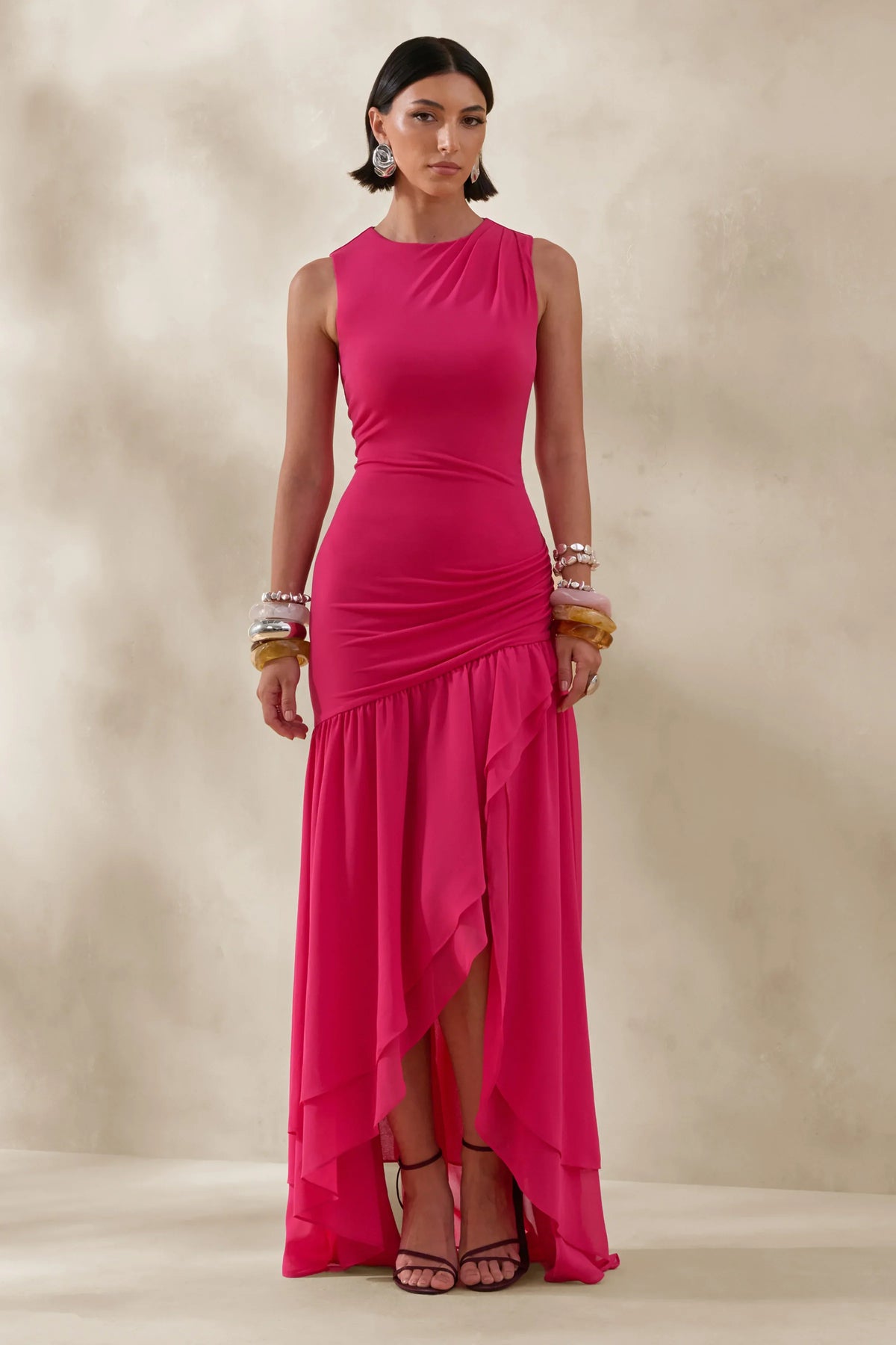 Noelia Hot Pink High Neck Maxi Dress With Ruffled Detailing