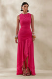Noelia Hot Pink High Neck Maxi Dress With Ruffled Detailing