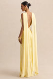 Premiere Lemon Boat Neck Maxi Dress With Cape Sleeves And Open Back