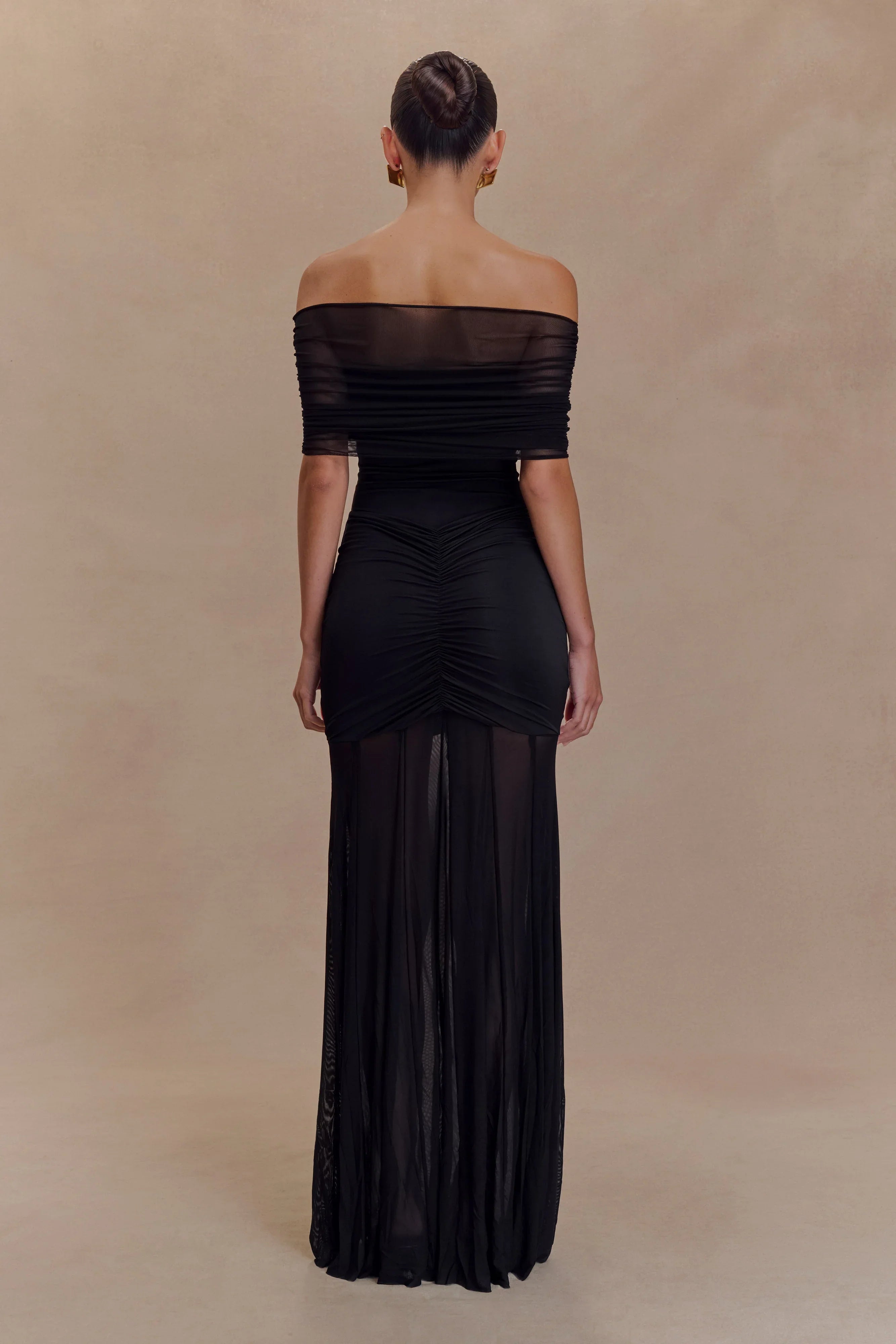 Caspian Slinky And Mesh Off Shoulder Maxi Dress Black