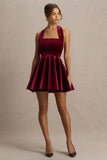 Mirage Burgundy Velvet Halter Neck Mini Dress With Skater Skirt