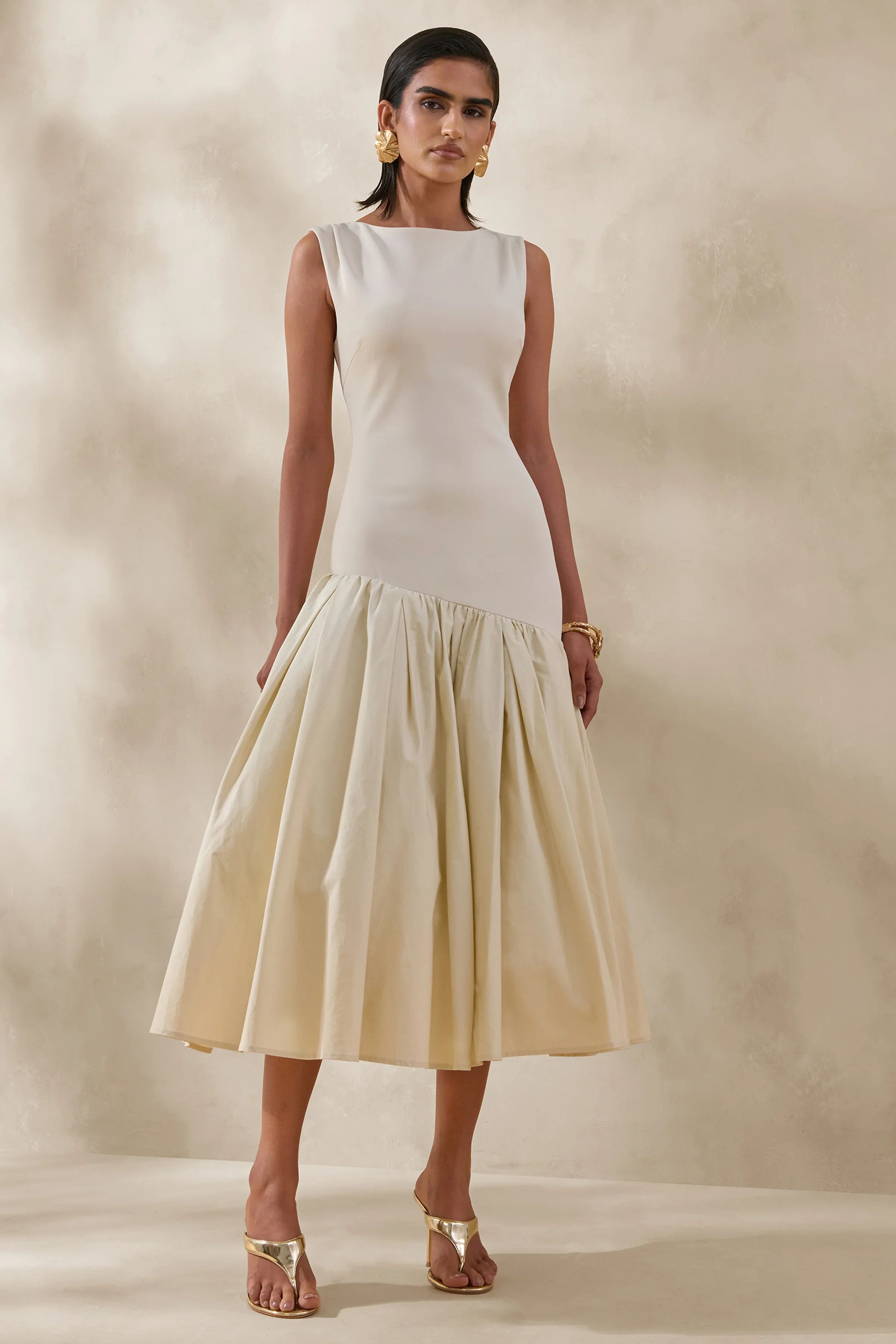 Fantasia Cream Boat Neck Midi Dress With Asymmetric Drop Waist
