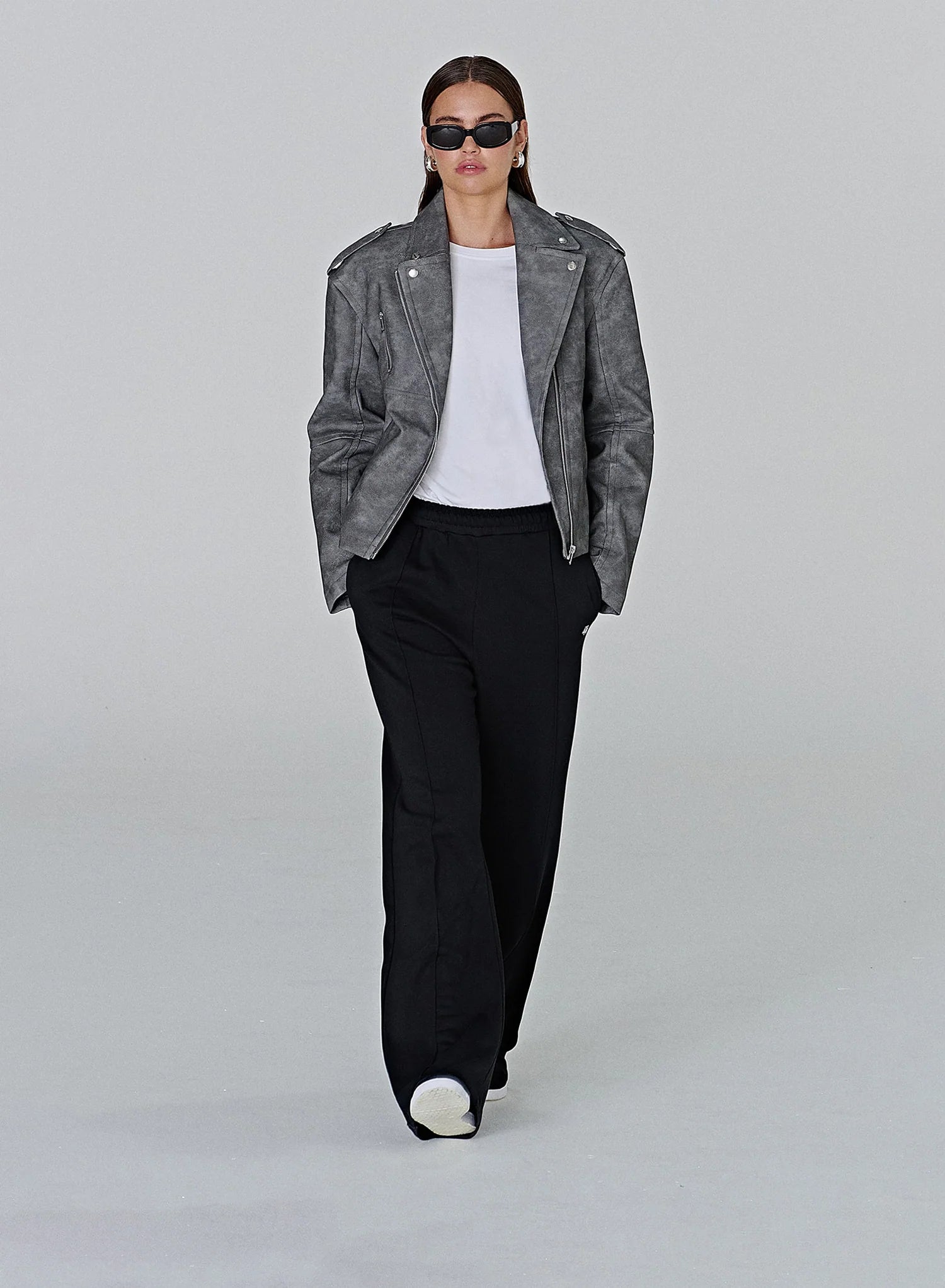 Grey Washed Faux Leather Biker Jacket