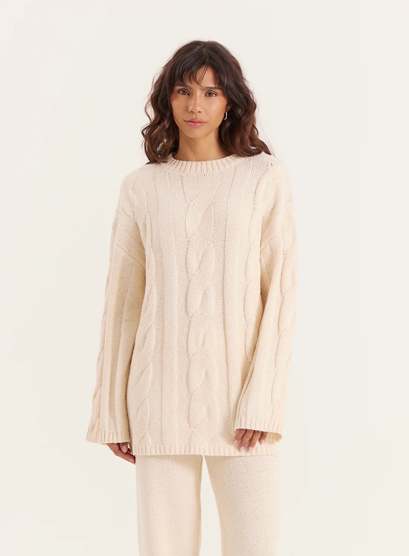 Ecru Fine Cable Knit Long Sleeve Jumper