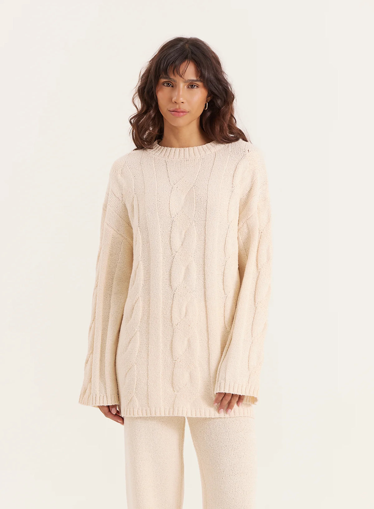 Ecru Fine Cable Knit Long Sleeve Jumper