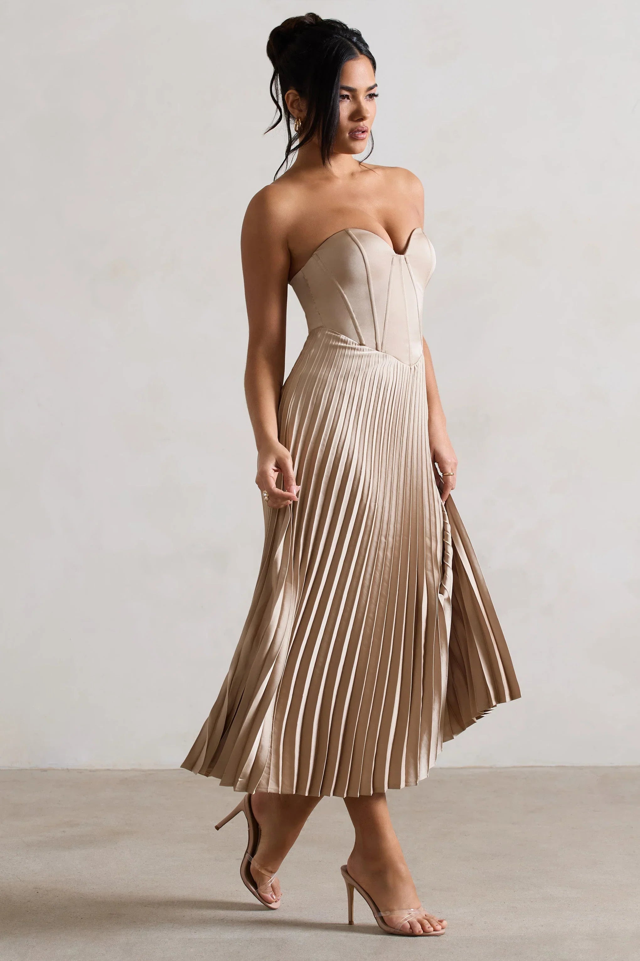 Bordeaux Champagne Satin Corset Style Midi Dress