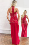 Aella Red Beaded Halter Maxi Dress