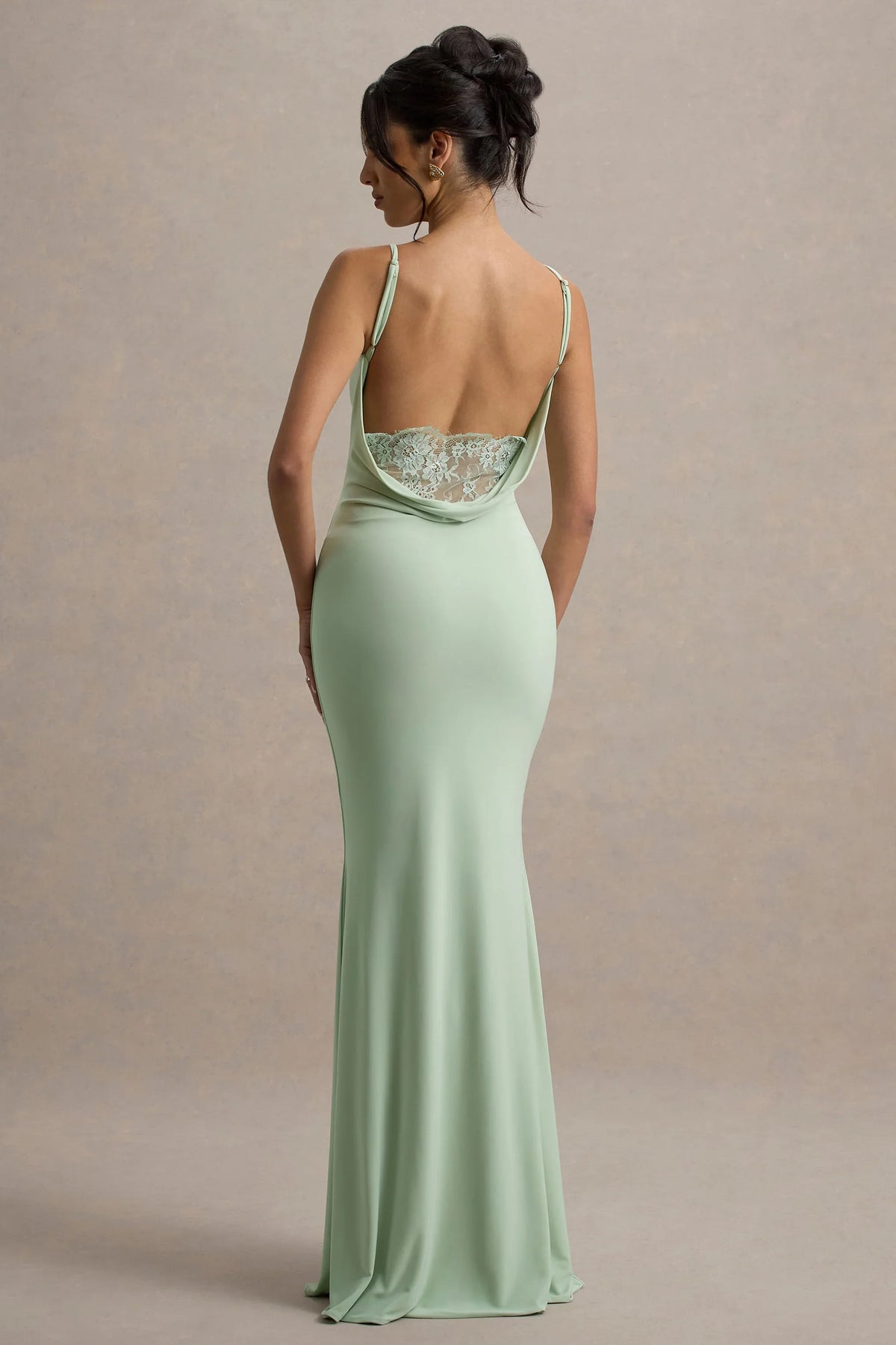 Francoise Light Green Cowl Neck Backless Maxi Dress With Lace Insert