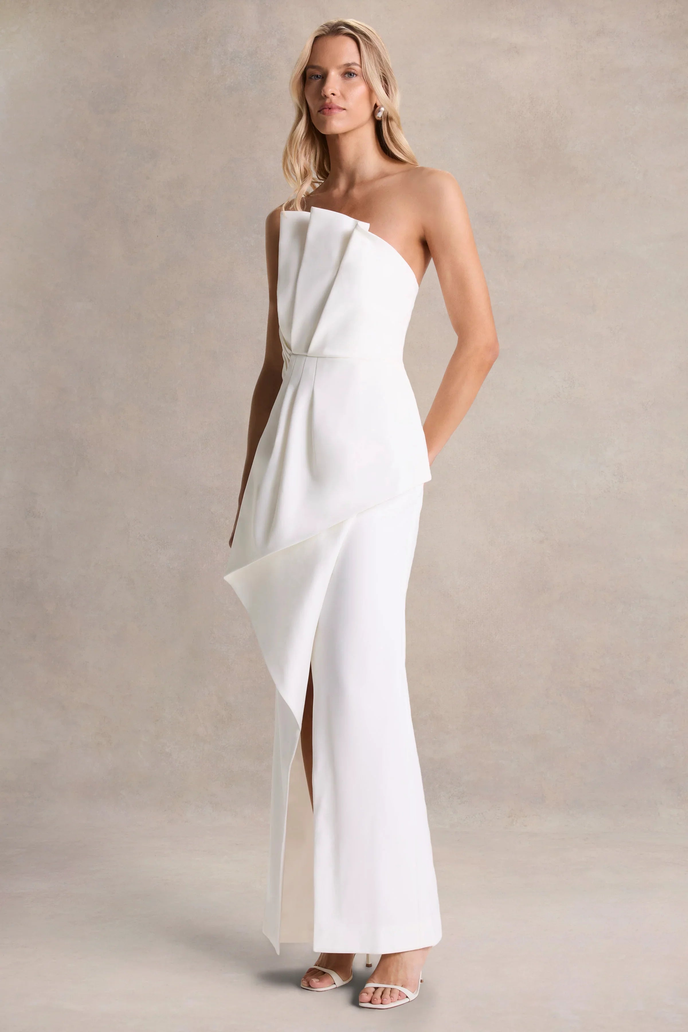 Dreamy Whispers Cream Strapless Ruffle Split Maxi Dress
