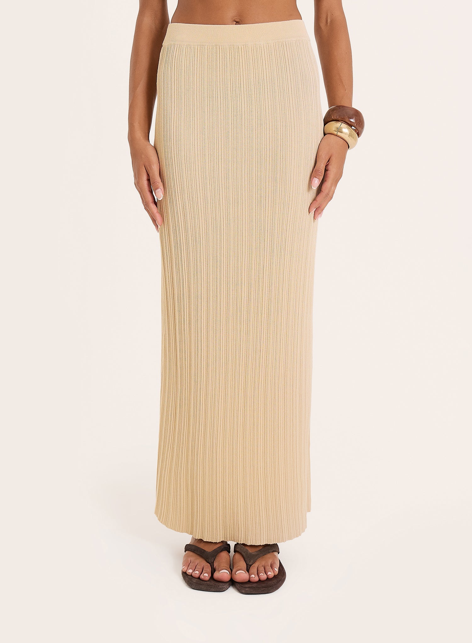 Beige Textured Fine Knit Maxi Skirt