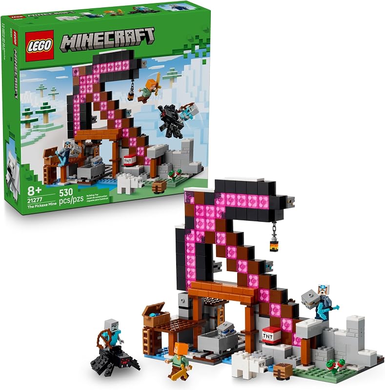 LEGO Minecraft the Pickaxe Mine Kids Toy Building Set for Boys and Girls Minecraft Toy for Gaming Fans 8 Includes Alex Miner and Stray Spider Jockey Minifigure Birthday Gift Idea 21277