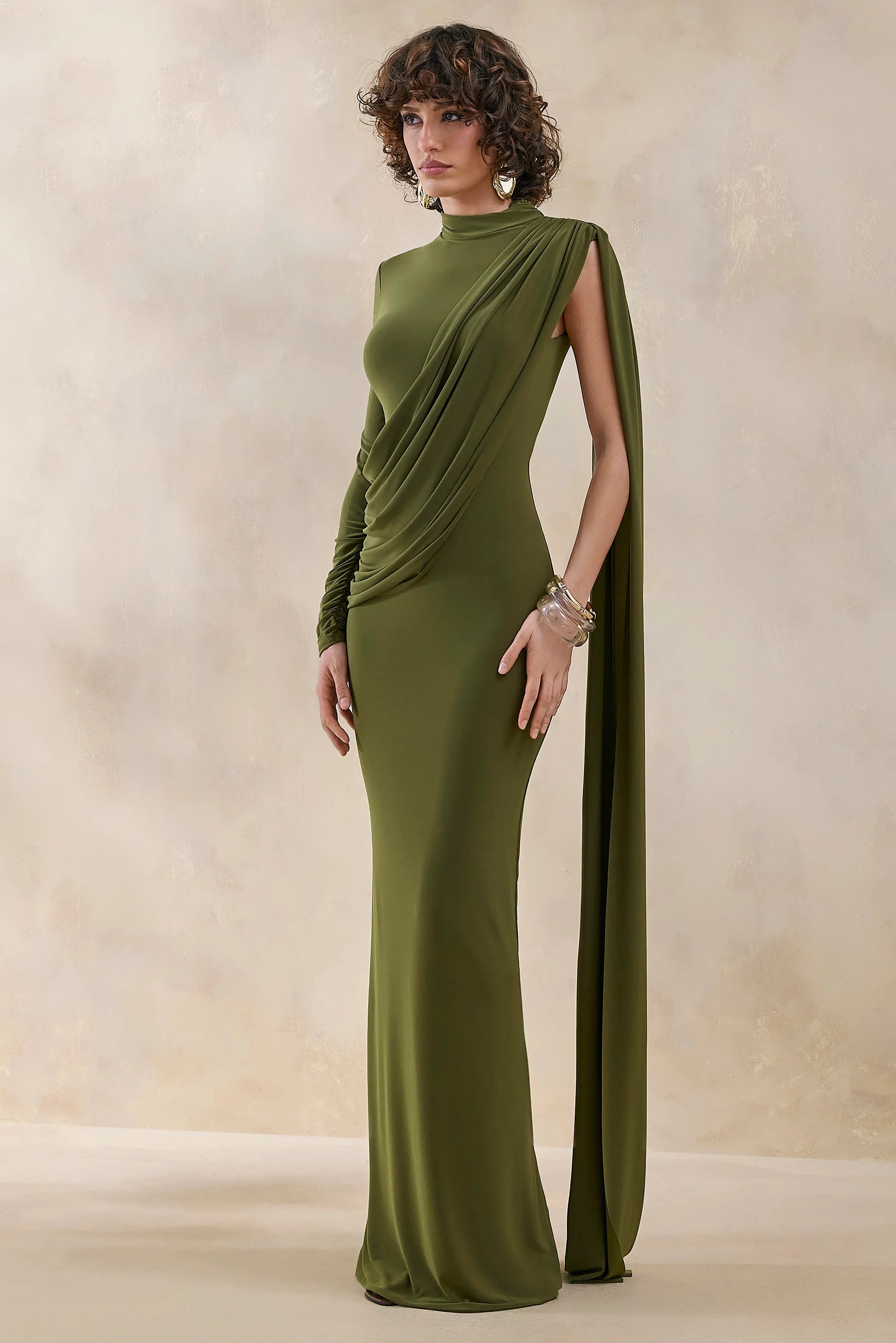 Oliria Olive High Neck Maxi Dress With One Long Sleeve And Sash Detail