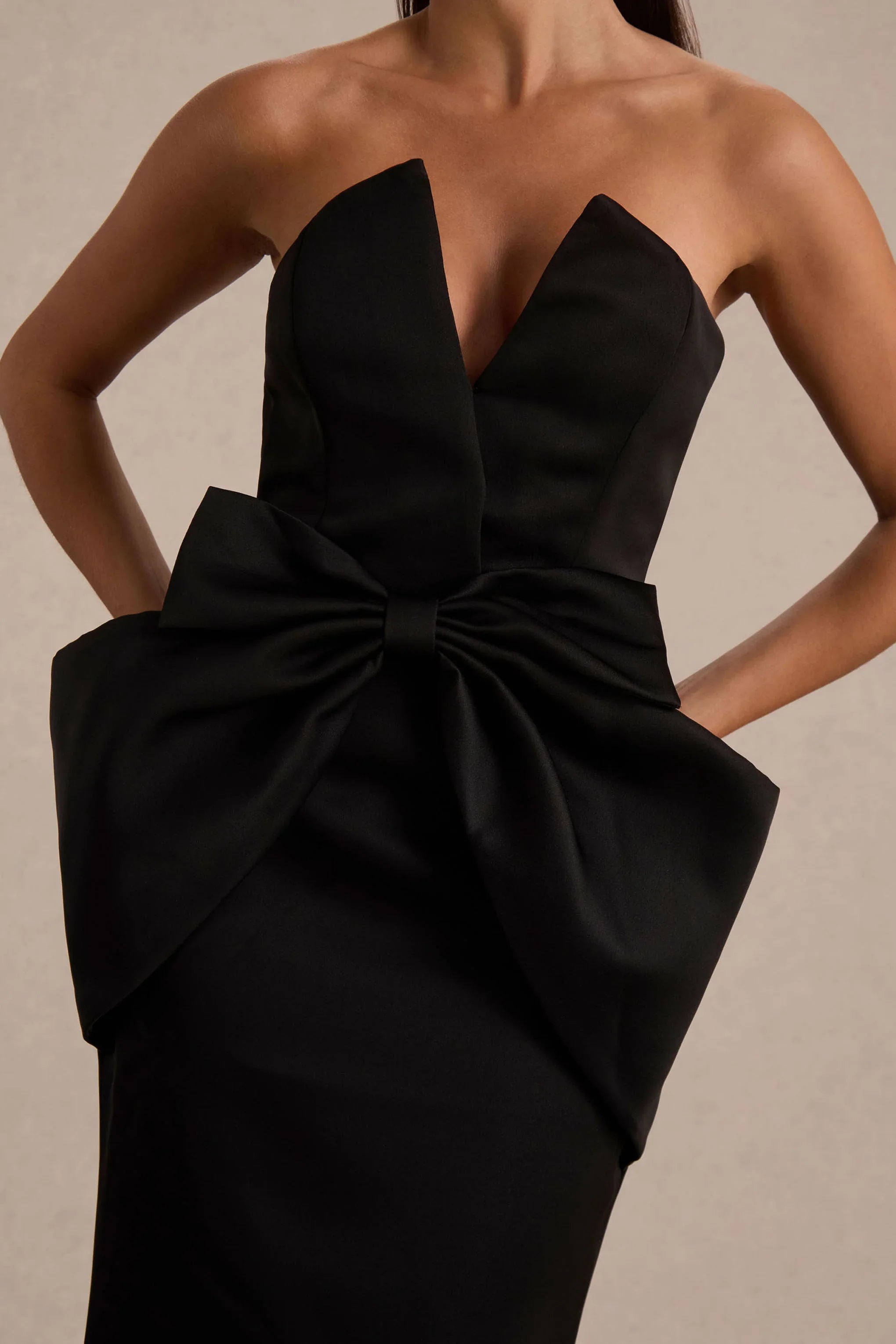 Sonata Black Satin Bandeau Maxi Dress With Bow Detail