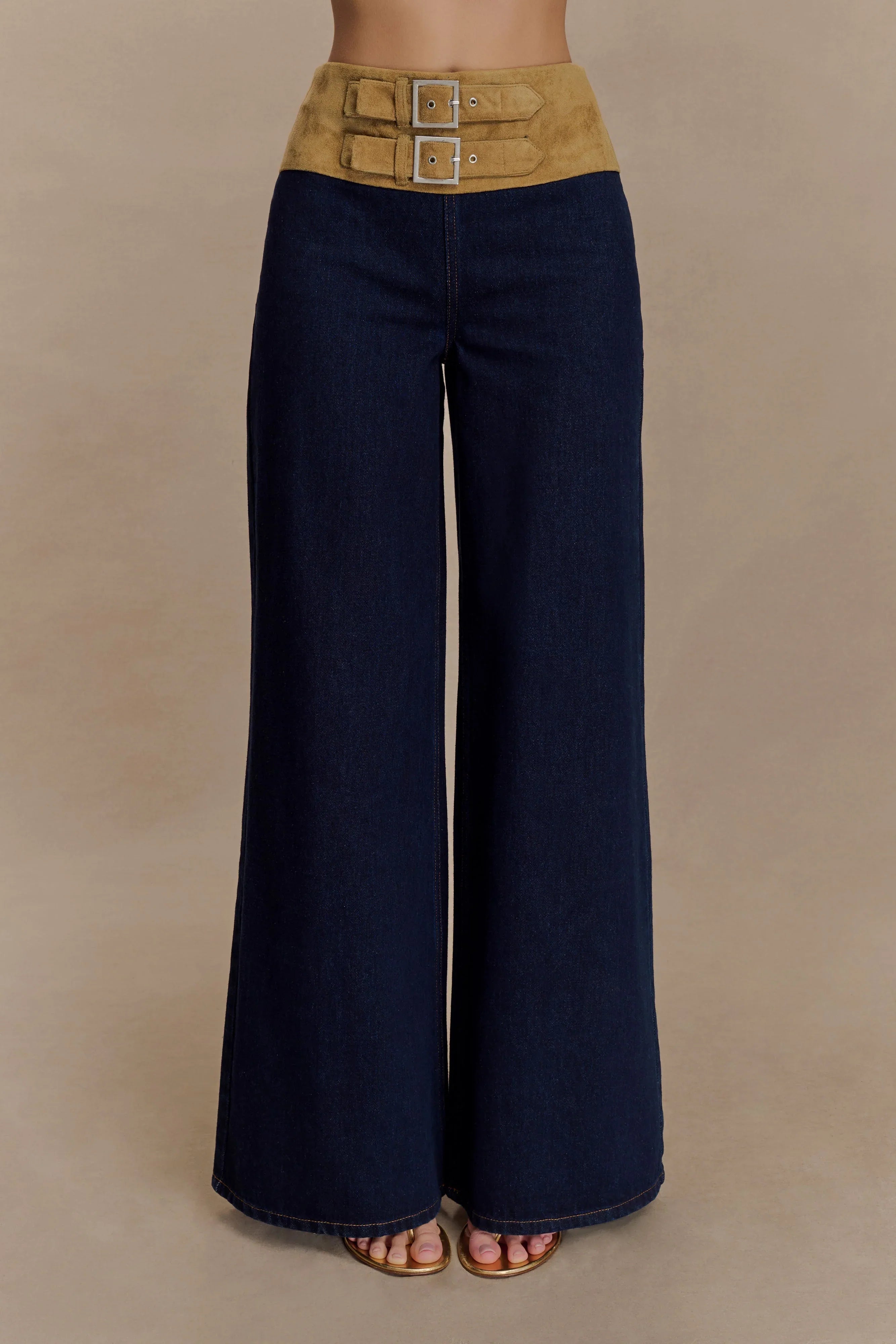 Miranda Faux Suede Belted Denim Wide Leg Jeans Indigo Blue