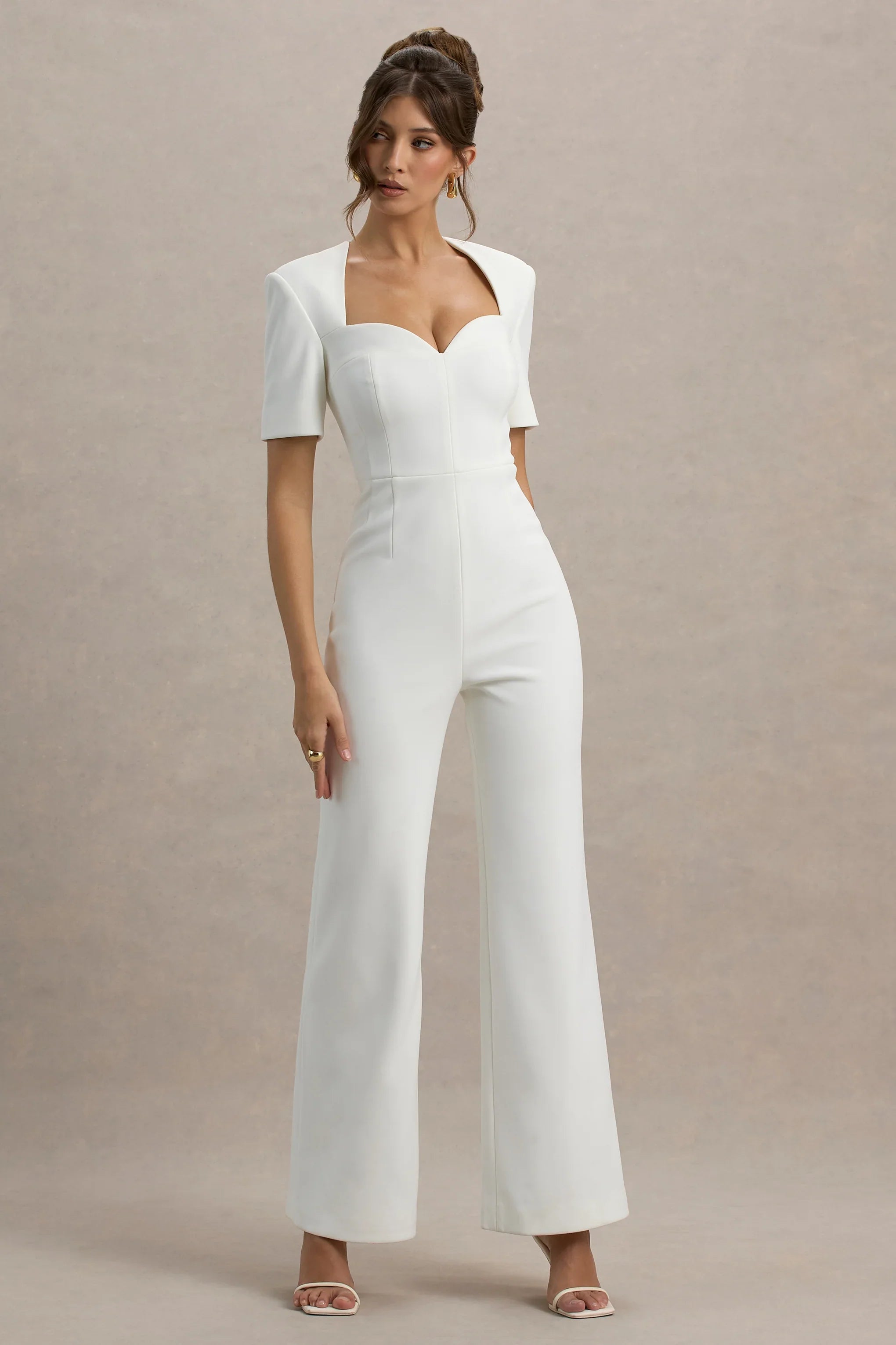Simone White Sweetheart Short Sleeve Wide Leg Jumpsuit