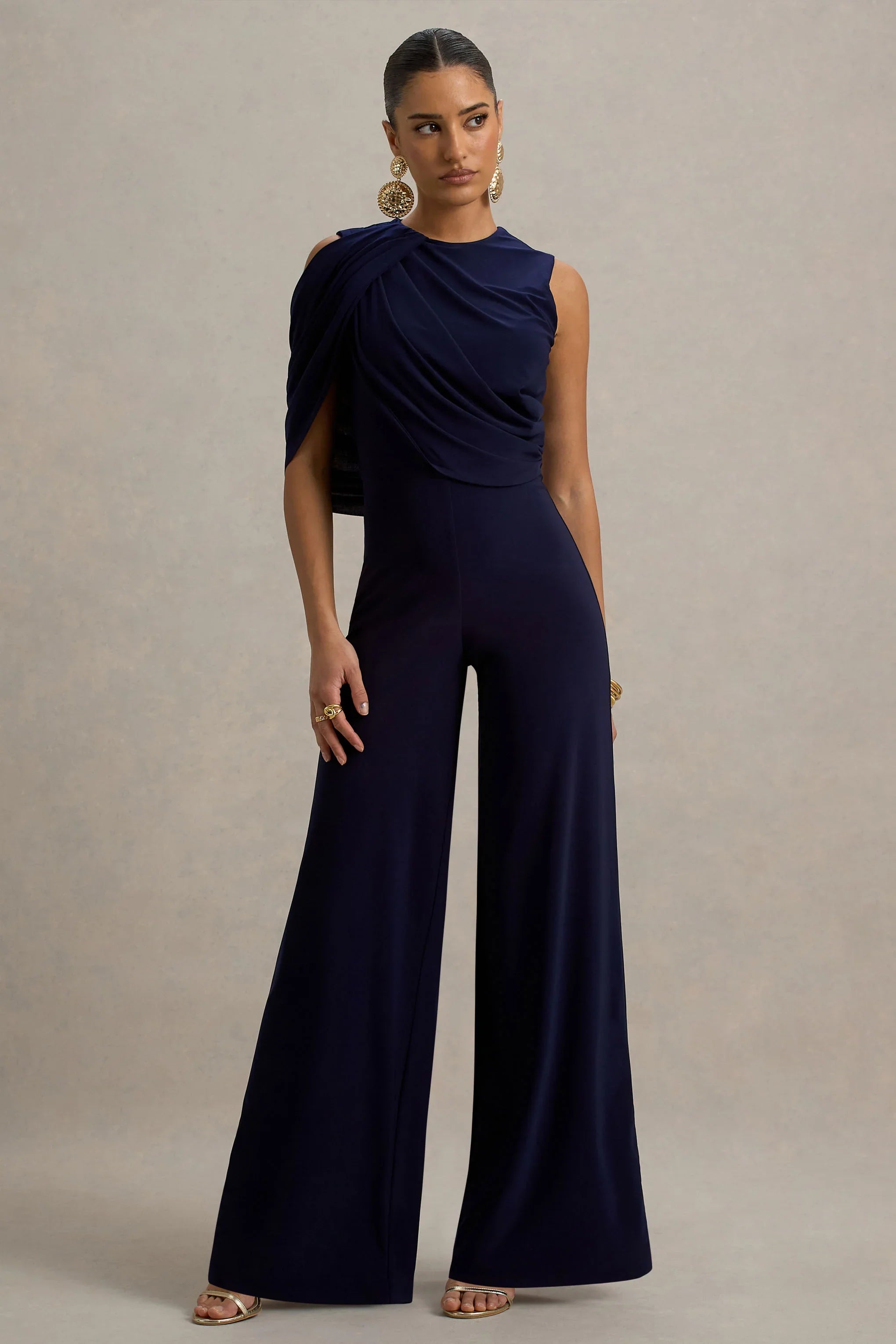 Opulence Navy Jumpsuit With Cape Sleeve and Draped Details