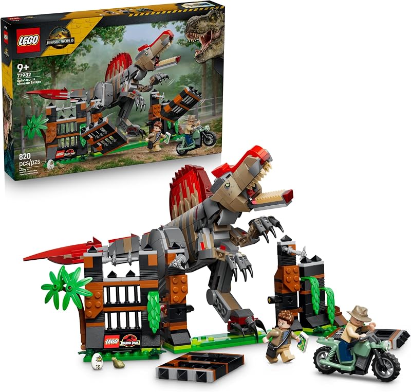 LEGO Jurassic World Spinosaurus Dinosaur Escape 77982 Building Toy for Boys Girls Ages 9 Dinosaur Toy Playset for Kids Pretend Play 820 pieces Gift for Birthdays