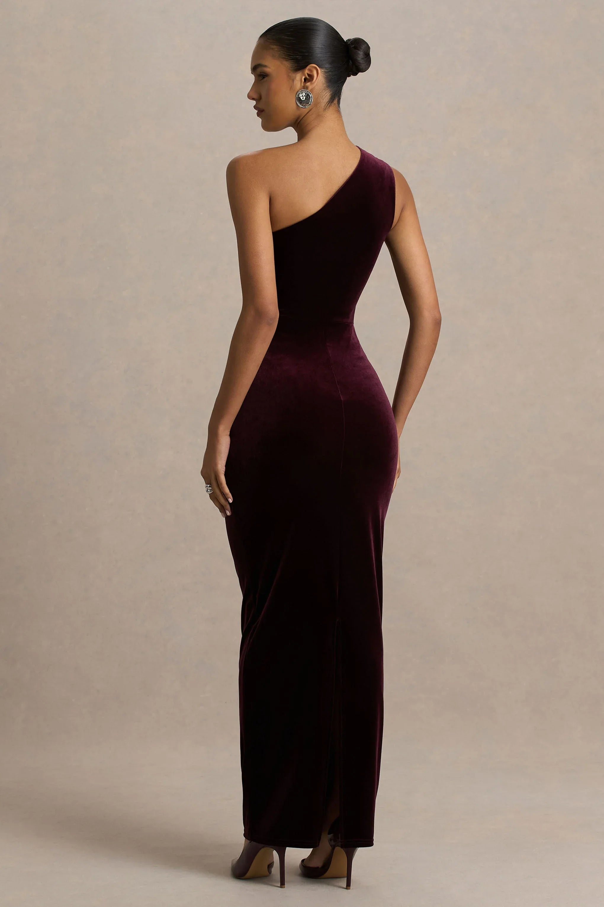 Treat Burgundy Velvet Asymmetric Neck Maxi Dress With Ruched Detailing