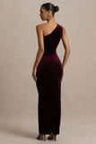 Treat Burgundy Velvet Asymmetric Neck Maxi Dress With Ruched Detailing