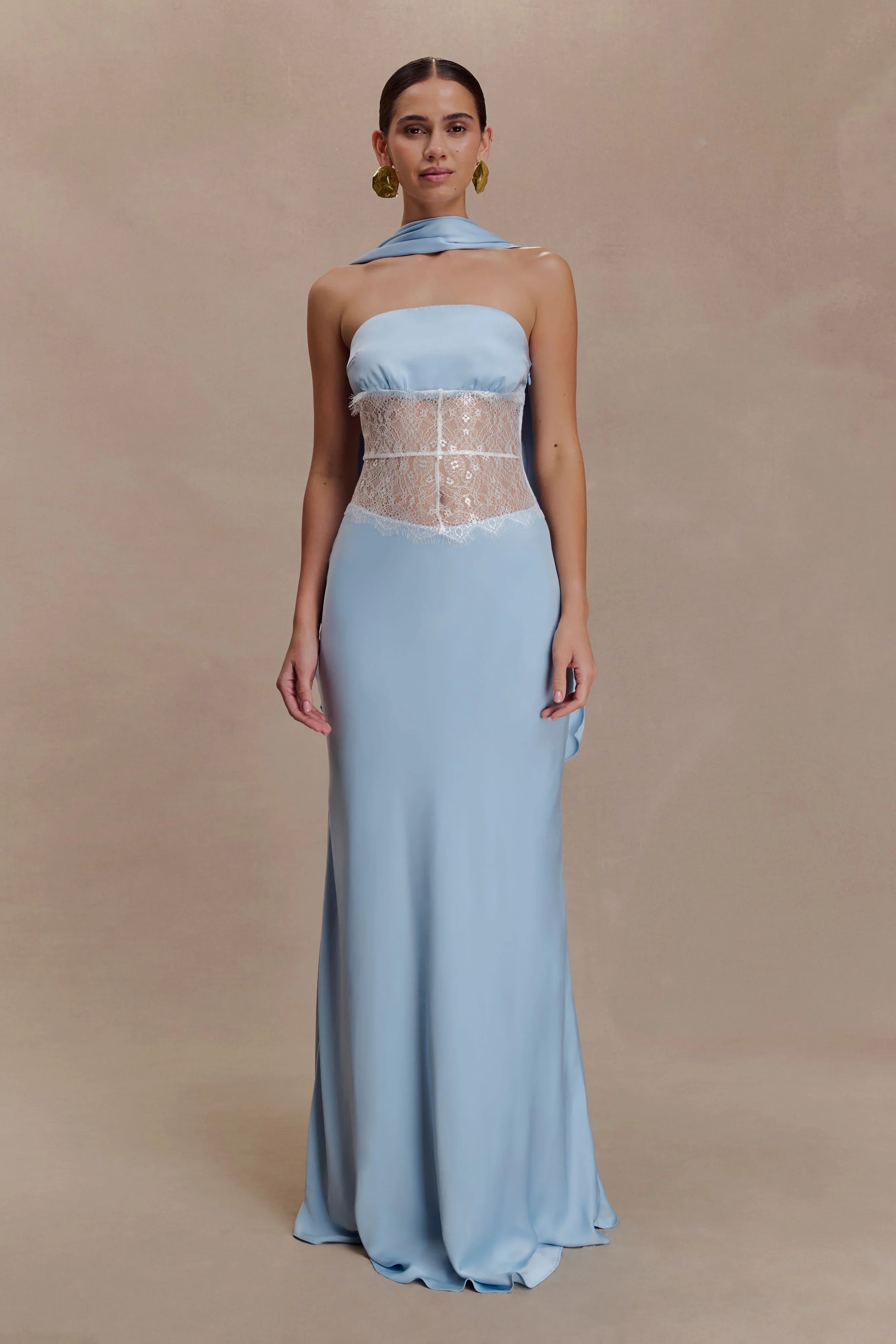 Pilar Strapless Satin And Lace Maxi Dress Cornflower Blue