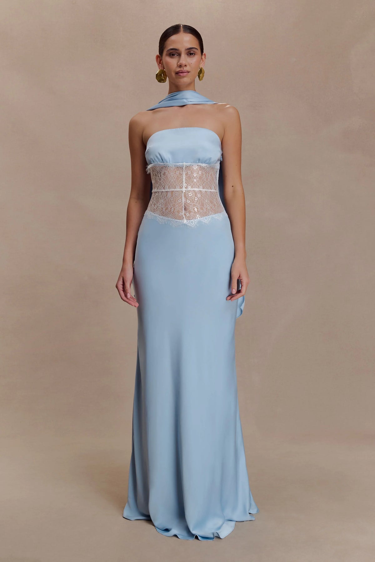 Pilar Strapless Satin And Lace Maxi Dress Cornflower Blue