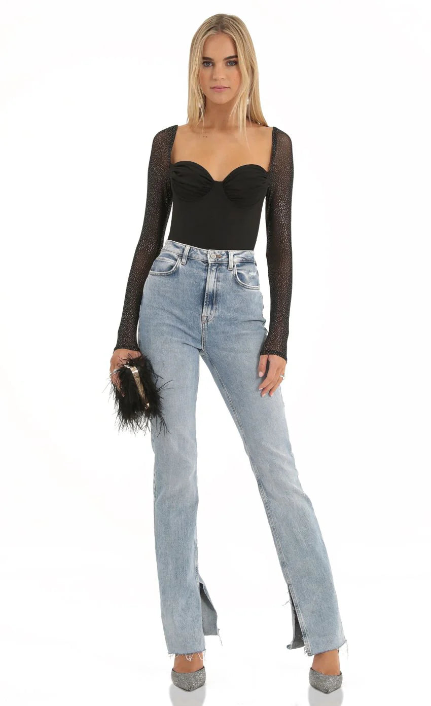 Glitter Mesh Long Sleeve Bodysuit in Black