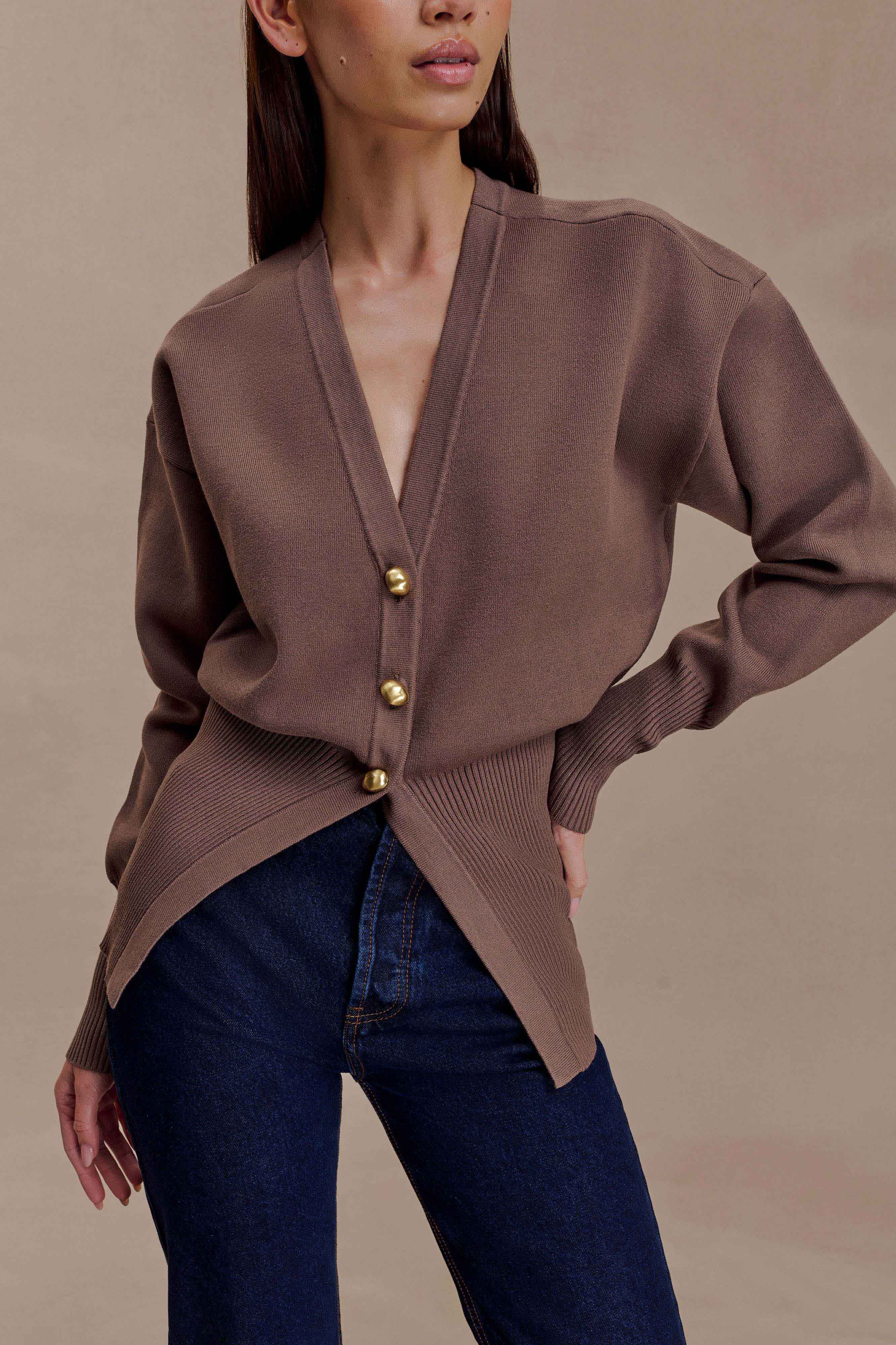 Amanda Statement Button Knit Cardigan Cacao Brown