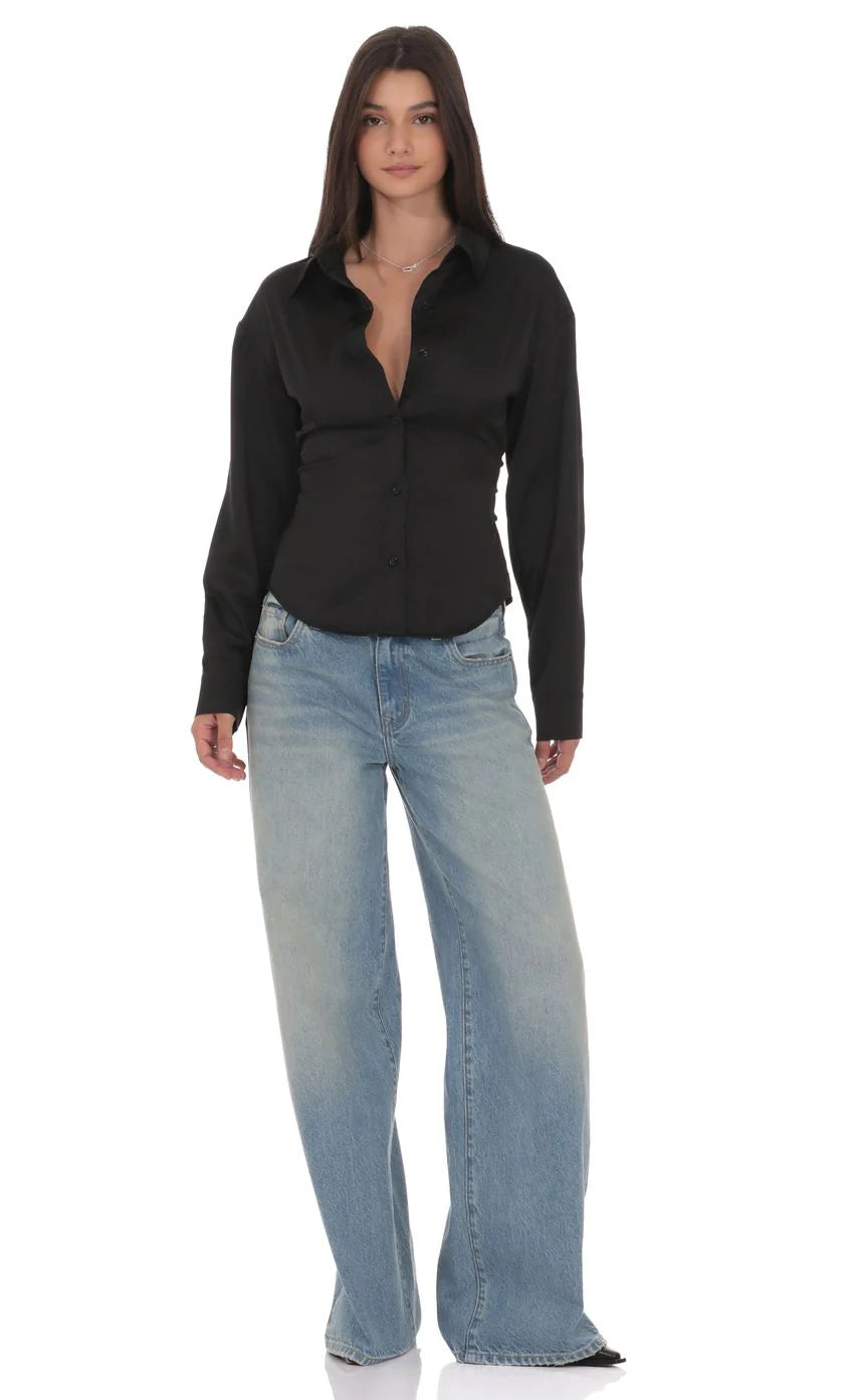 Satin Button Up Shirt in Black