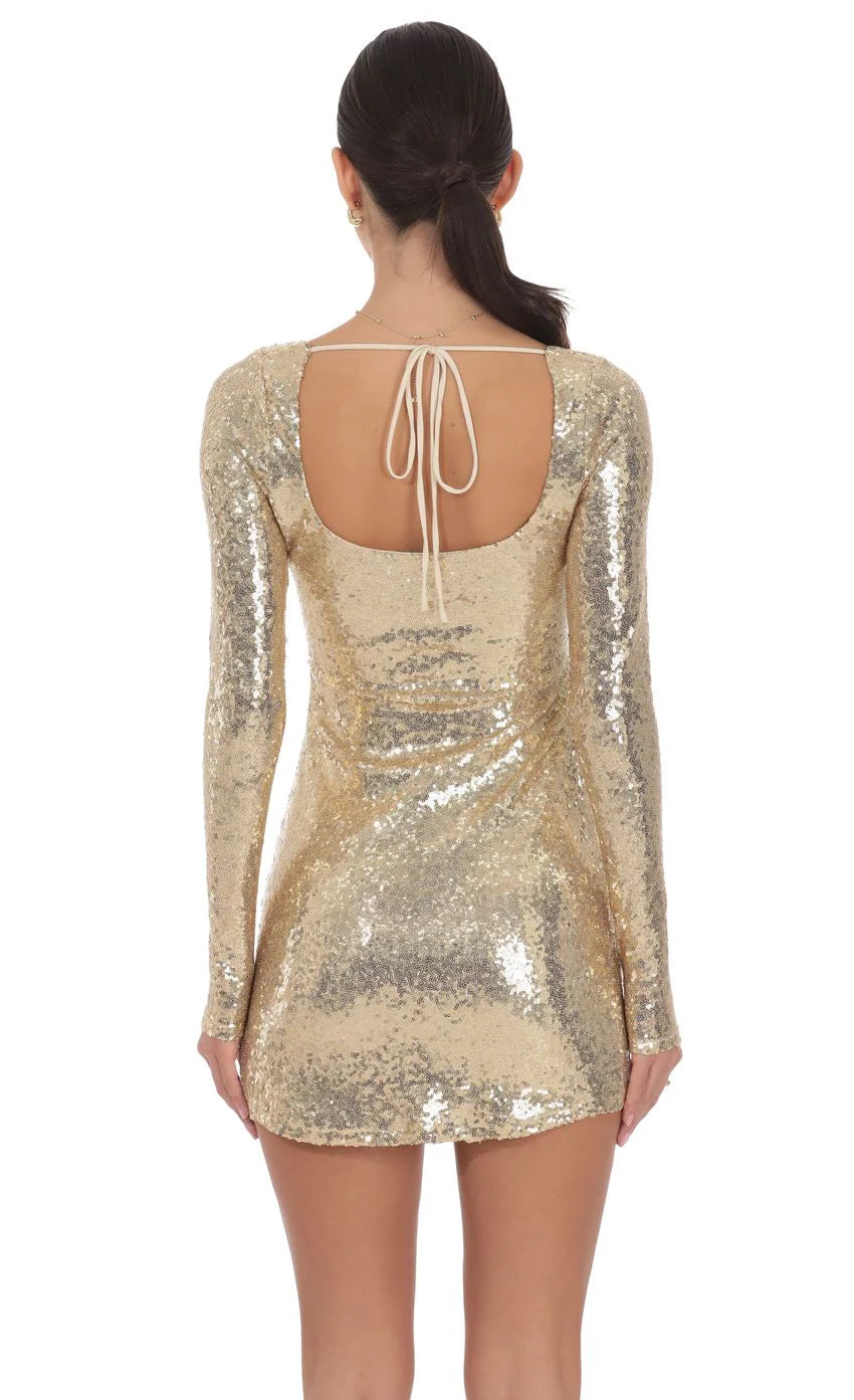 Sequin V Neck Long Sleeve Dress in Gold