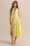 Jezebel Yellow Lace Plunge Neck Collared Midi Dress