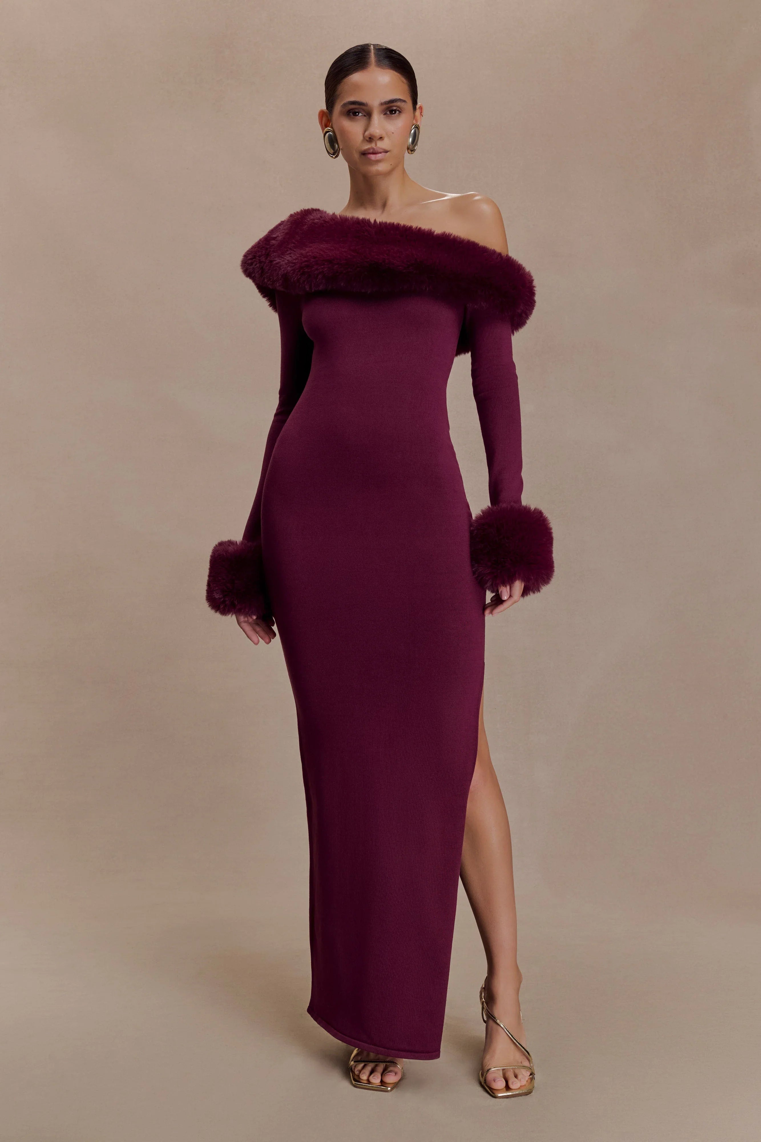 Karleigh Faux Fur Knit Maxi Dress Plum