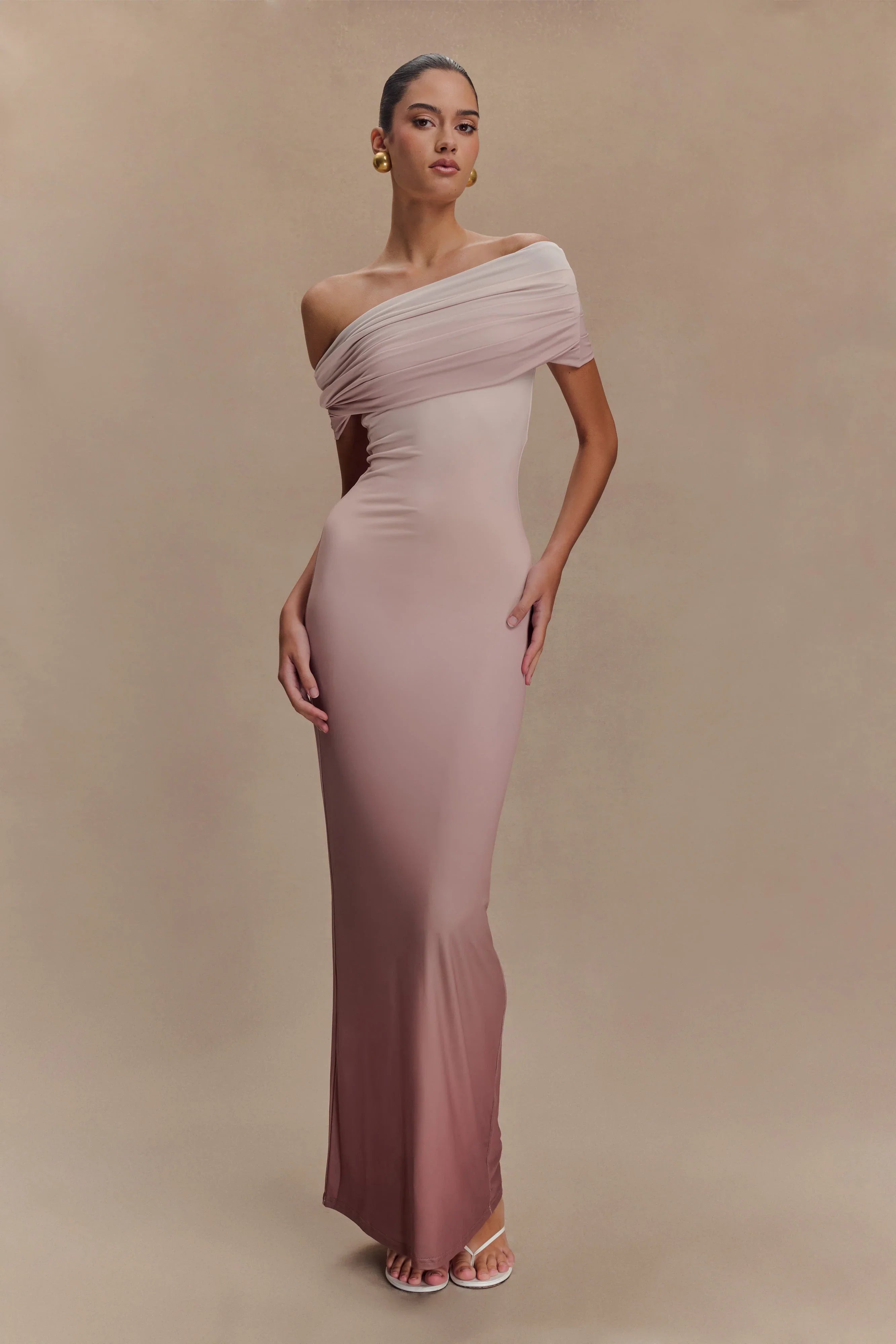 Cassandra Off Shoulder Slinky Maxi Dress Neutral Ombre