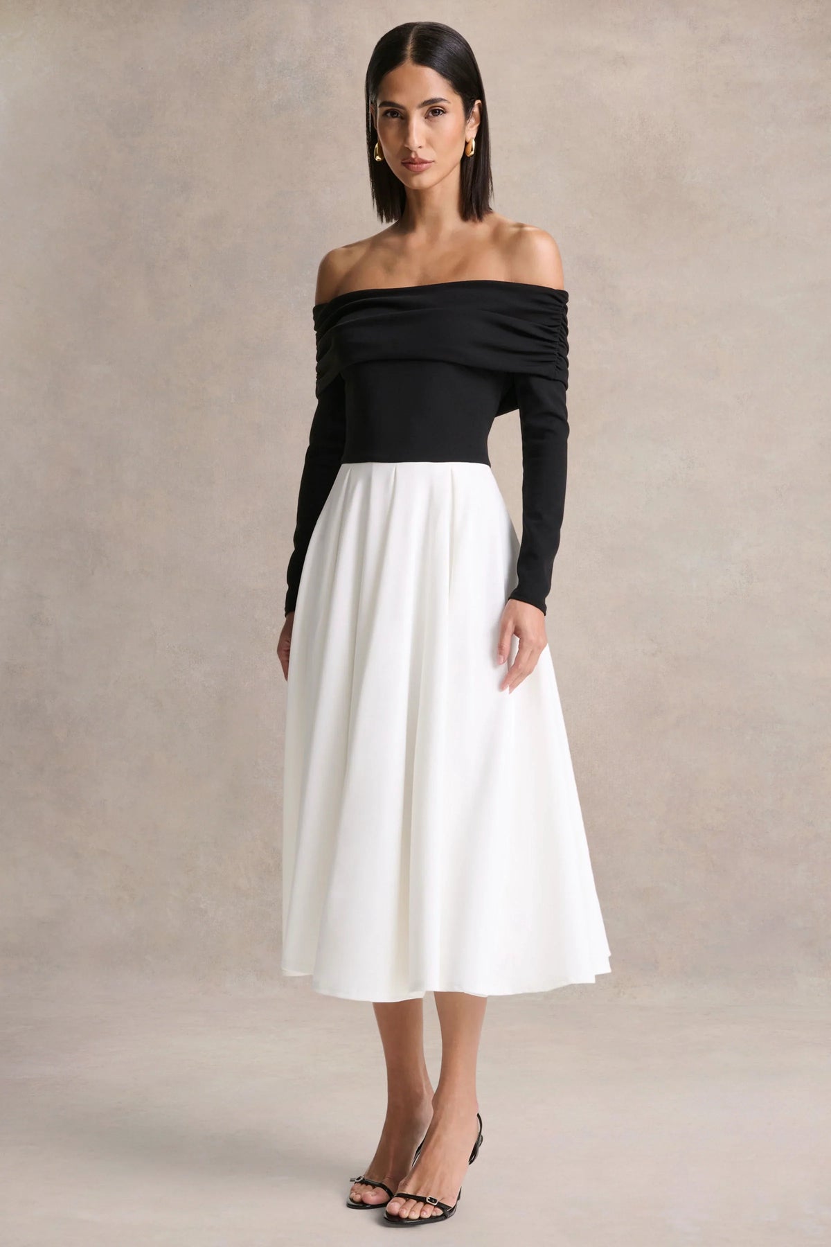 Frederica Black And White Bardot Neck Midi Dress