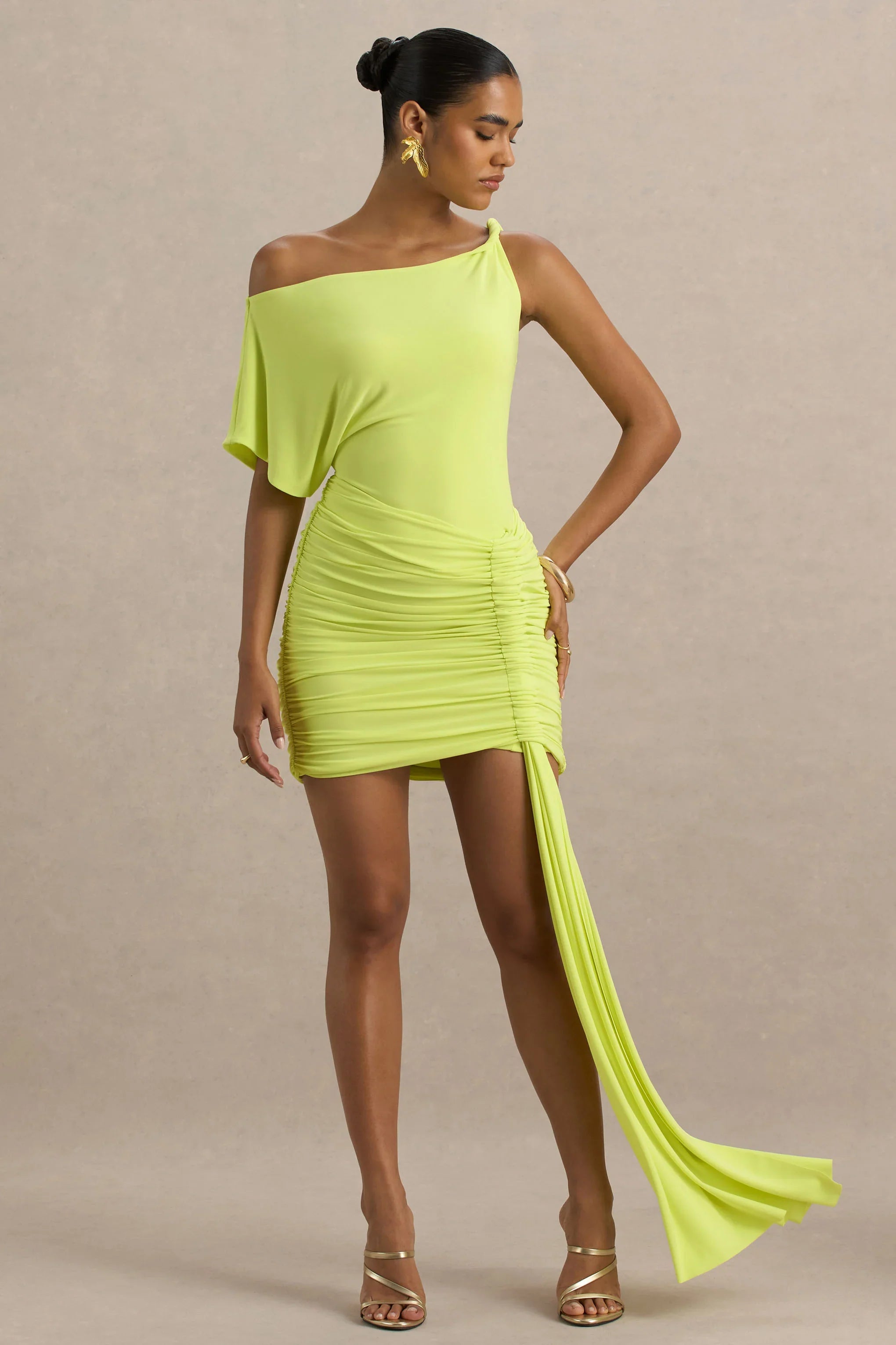 Marci Lime Green Asymmetric Ruched Mini Dress With Sash