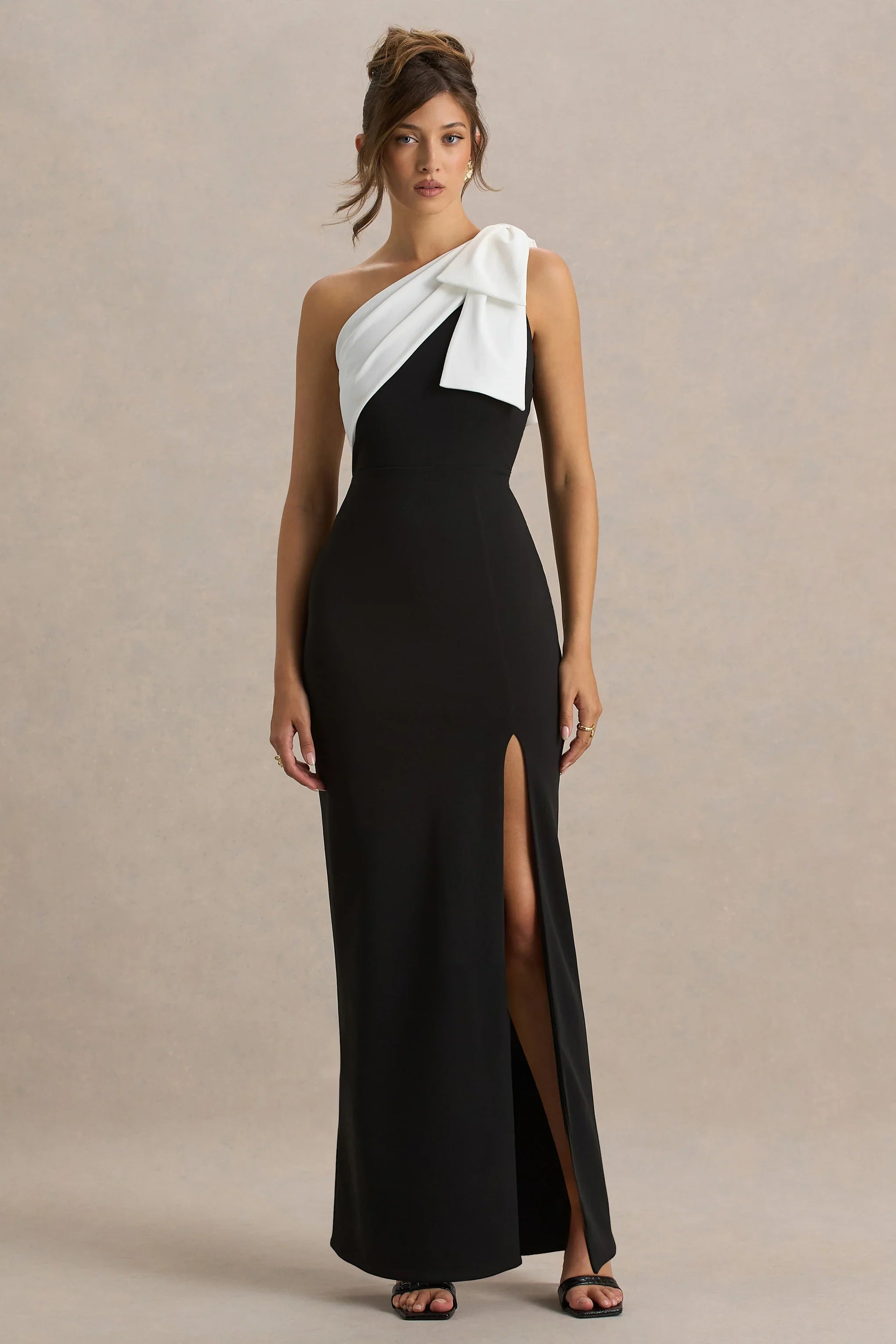 Kiri Black White One Shoulder Bow Maxi Dress
