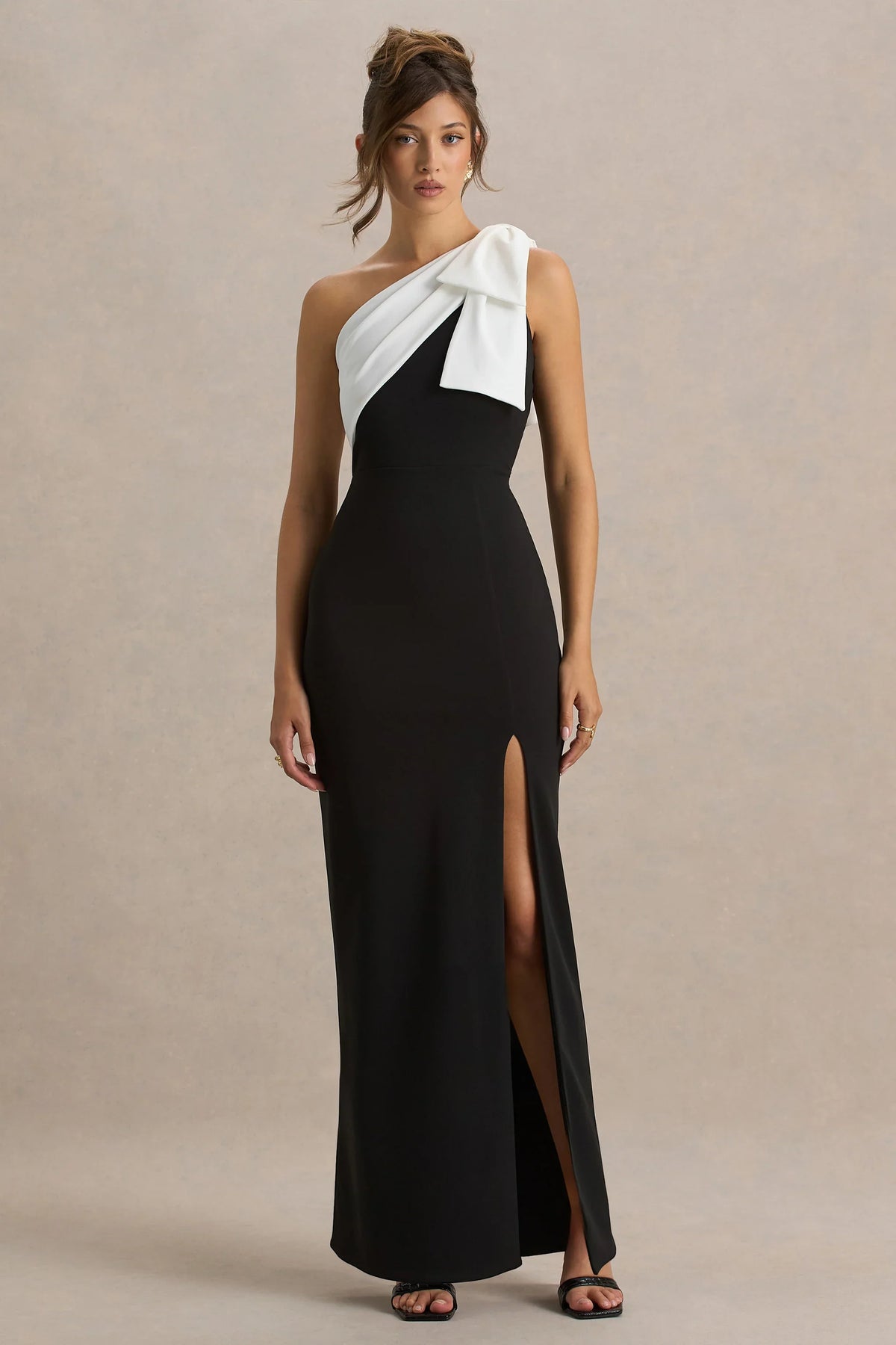 Kiri Black White One Shoulder Bow Maxi Dress