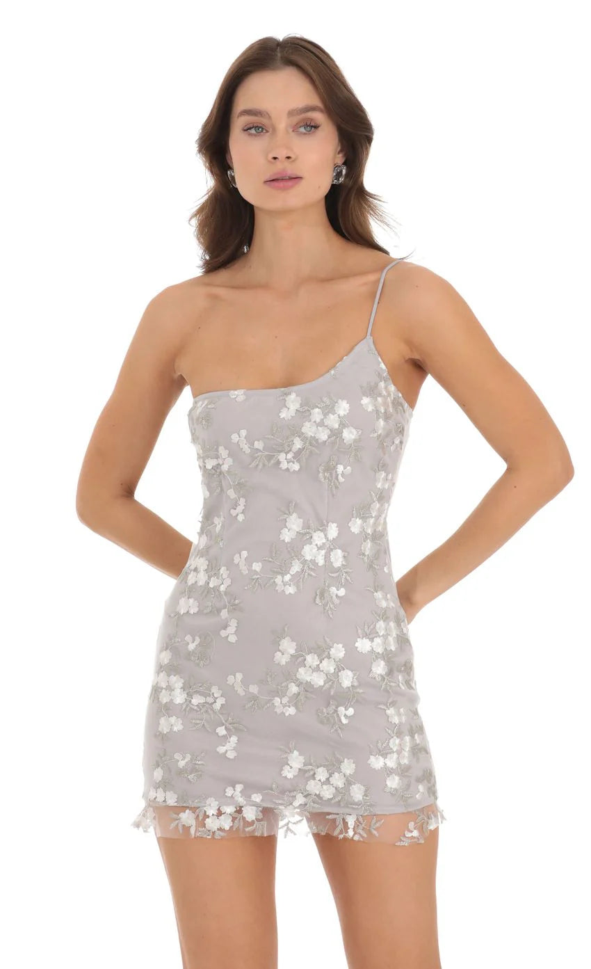 One Shoulder Dress in Grey Embroidery