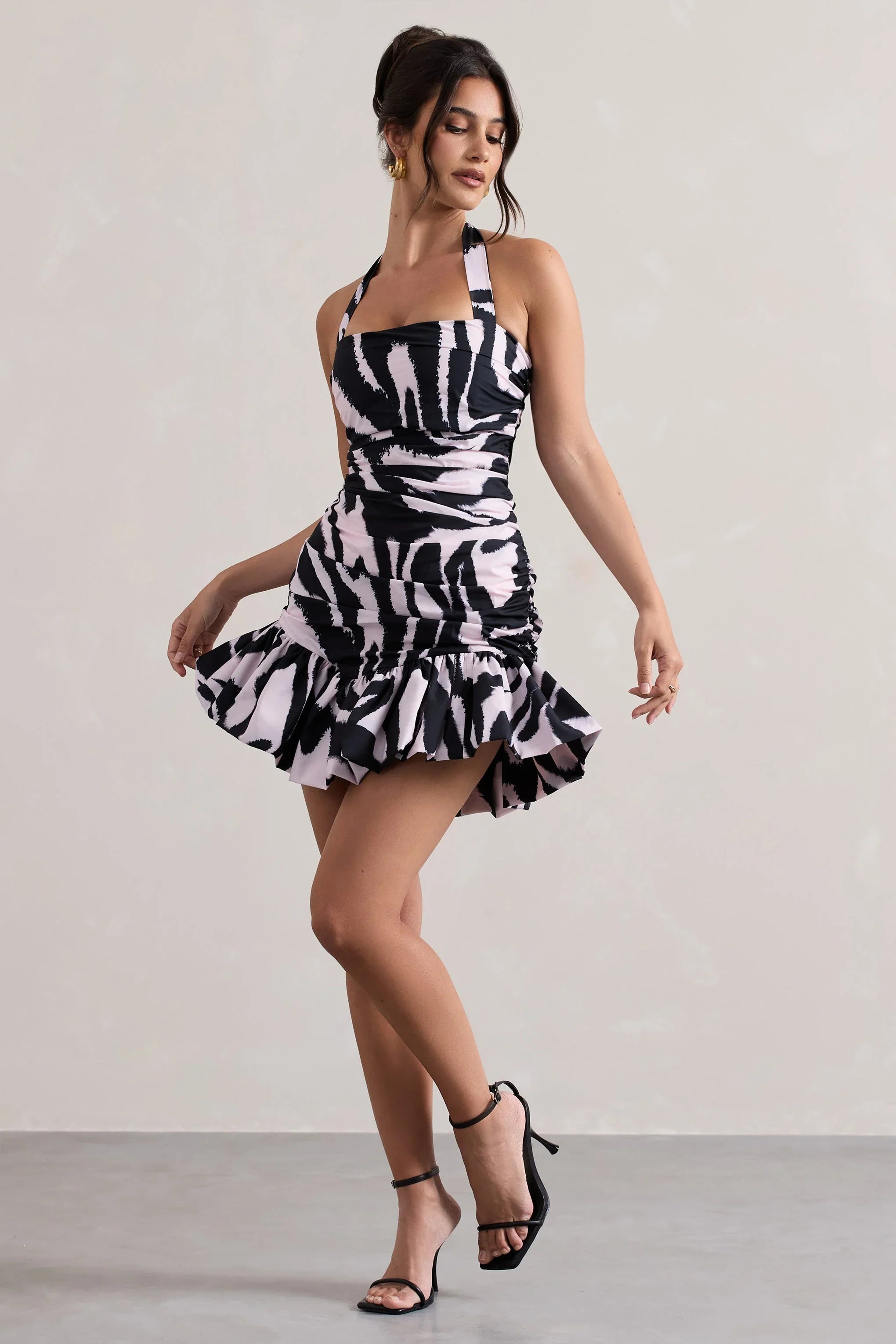 Zahra Zebra Print Halter Neck Ruched Mini Dress With Ruffle Hem