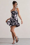Zahra Zebra Print Halter Neck Ruched Mini Dress With Ruffle Hem