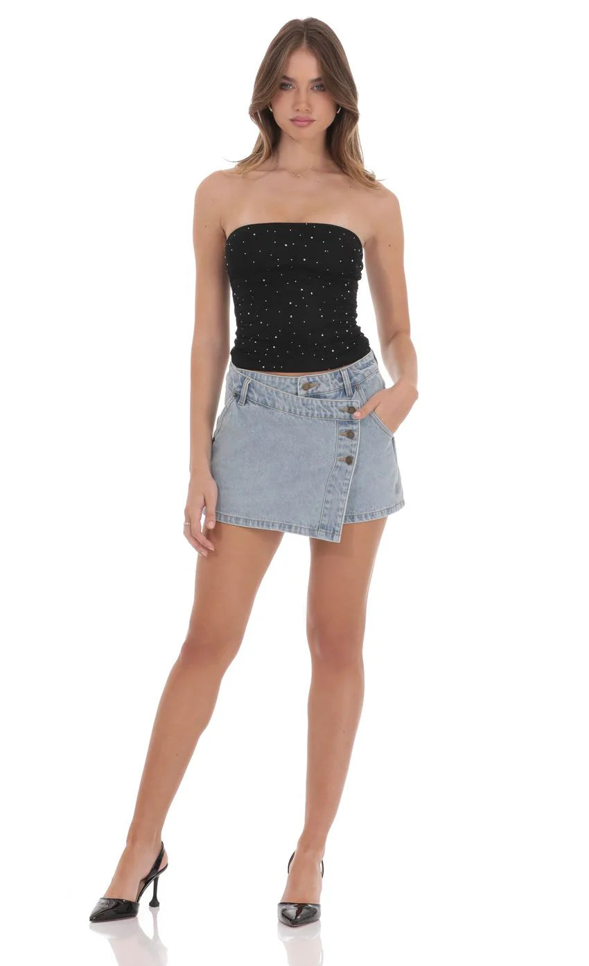 Overlap Button Denim Skirt in Light Blue
