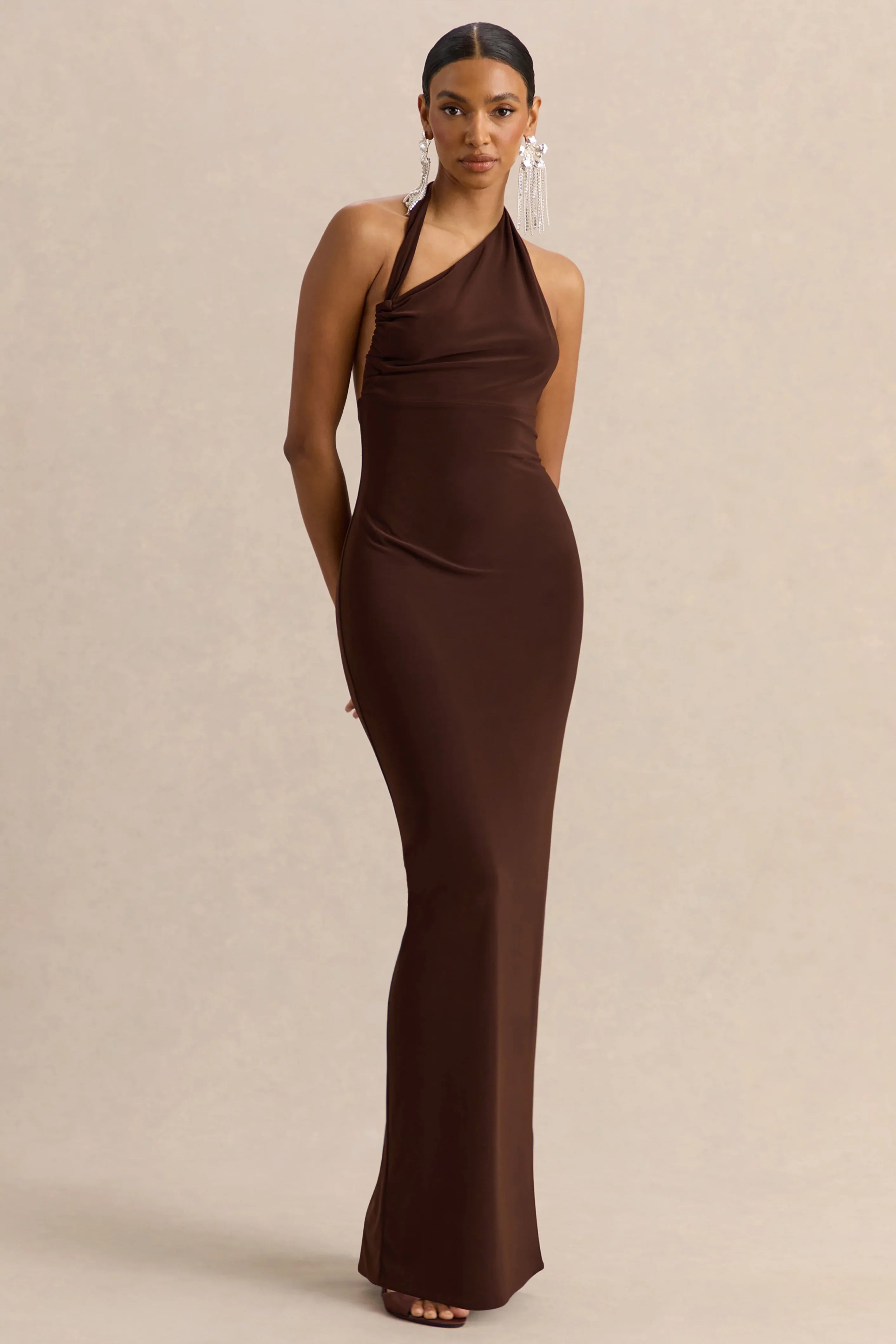 Delisse Brown Asymmetric Neck Maxi Dress