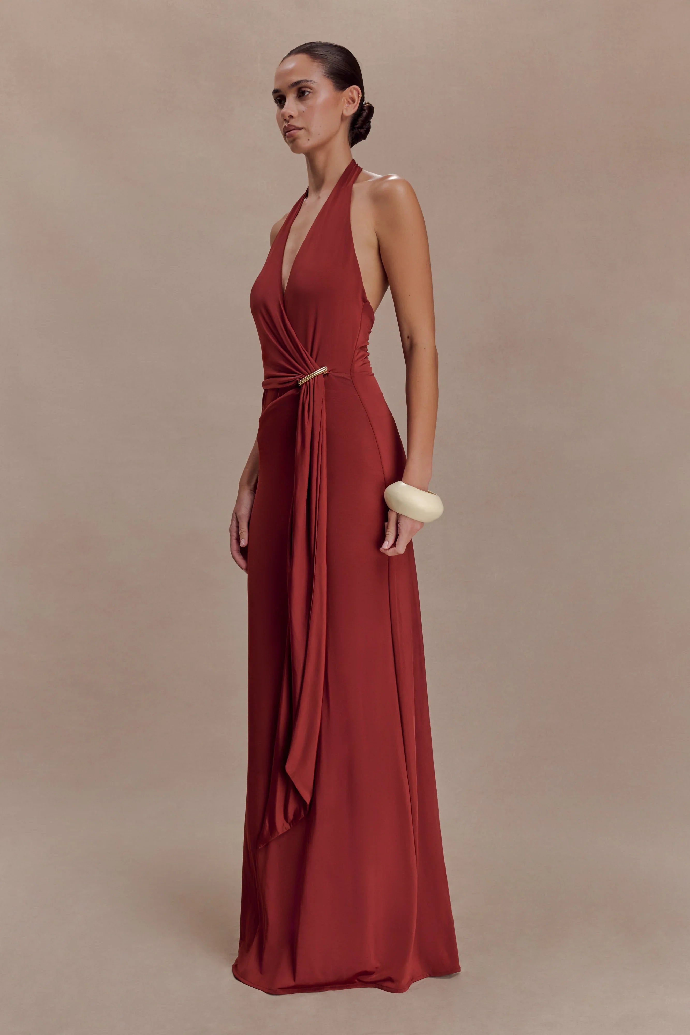 Veda Slinky Halter Maxi Dress Russet