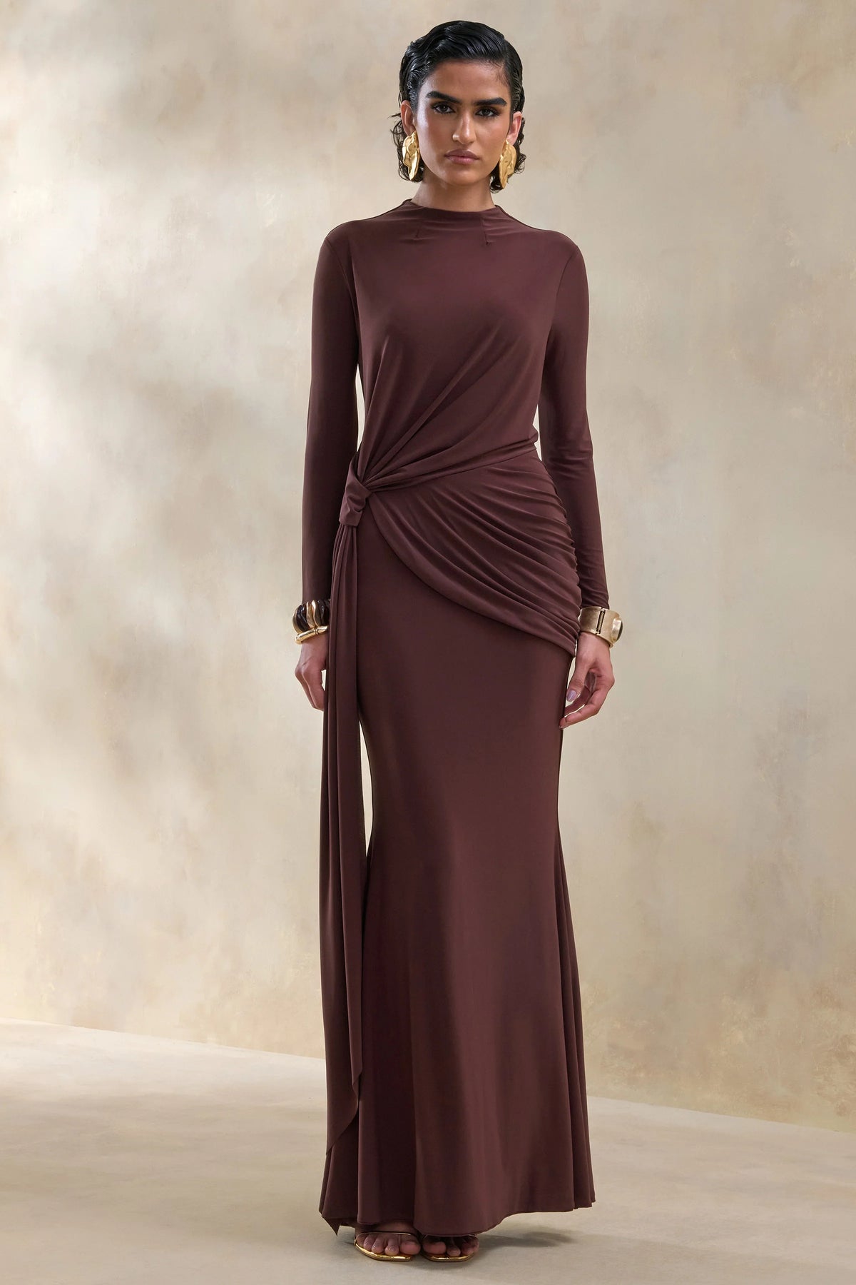 Kyrissa Brown High Neck Maxi Dress With Gathered Detailing