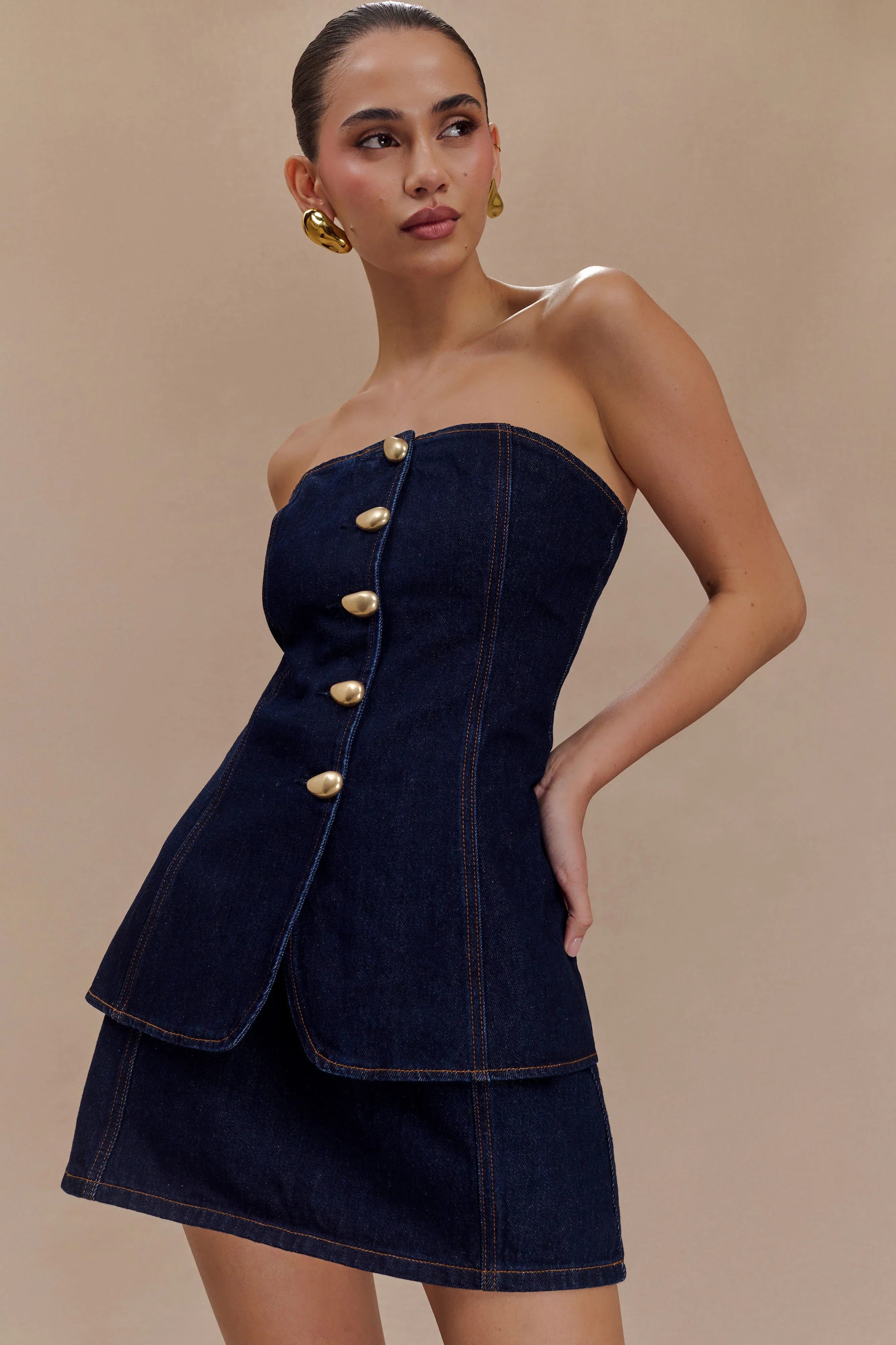 Lennox Strapless Long Line Button Top Indigo Blue