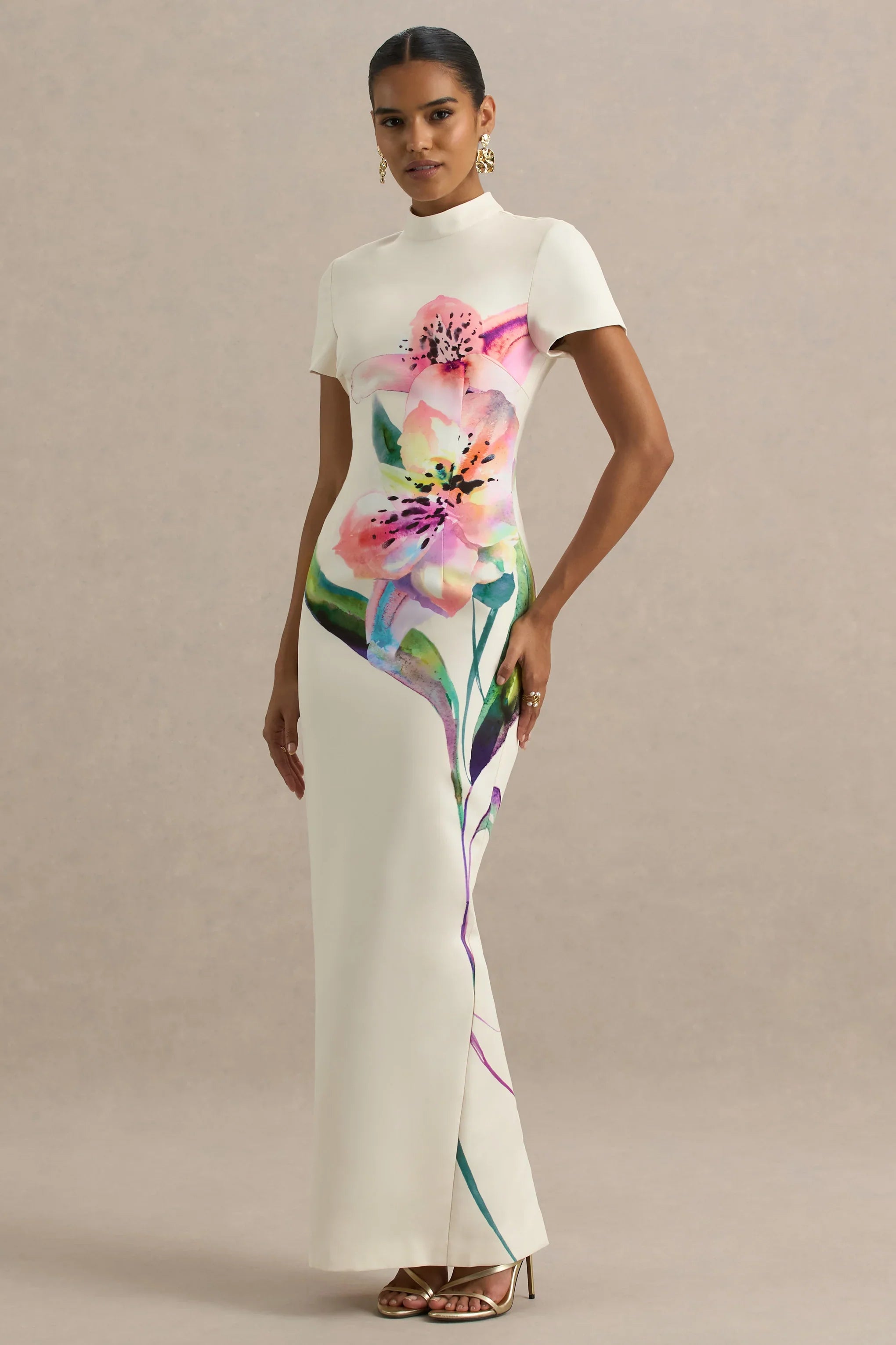 Hessie White Lily Print High Neck Maxi Dress