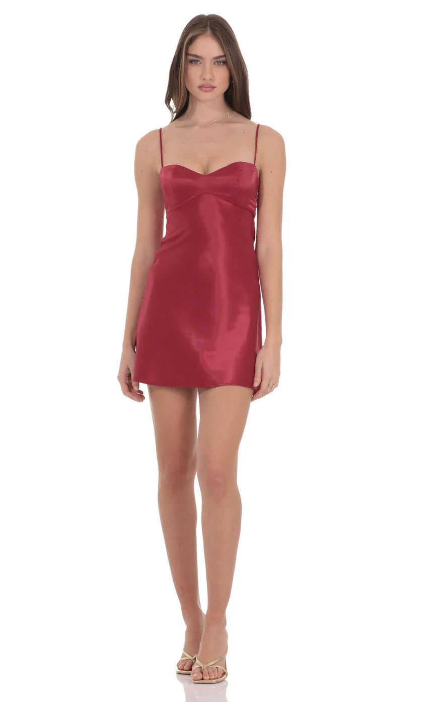 Satin Sweetheart Neck Dress in Wine