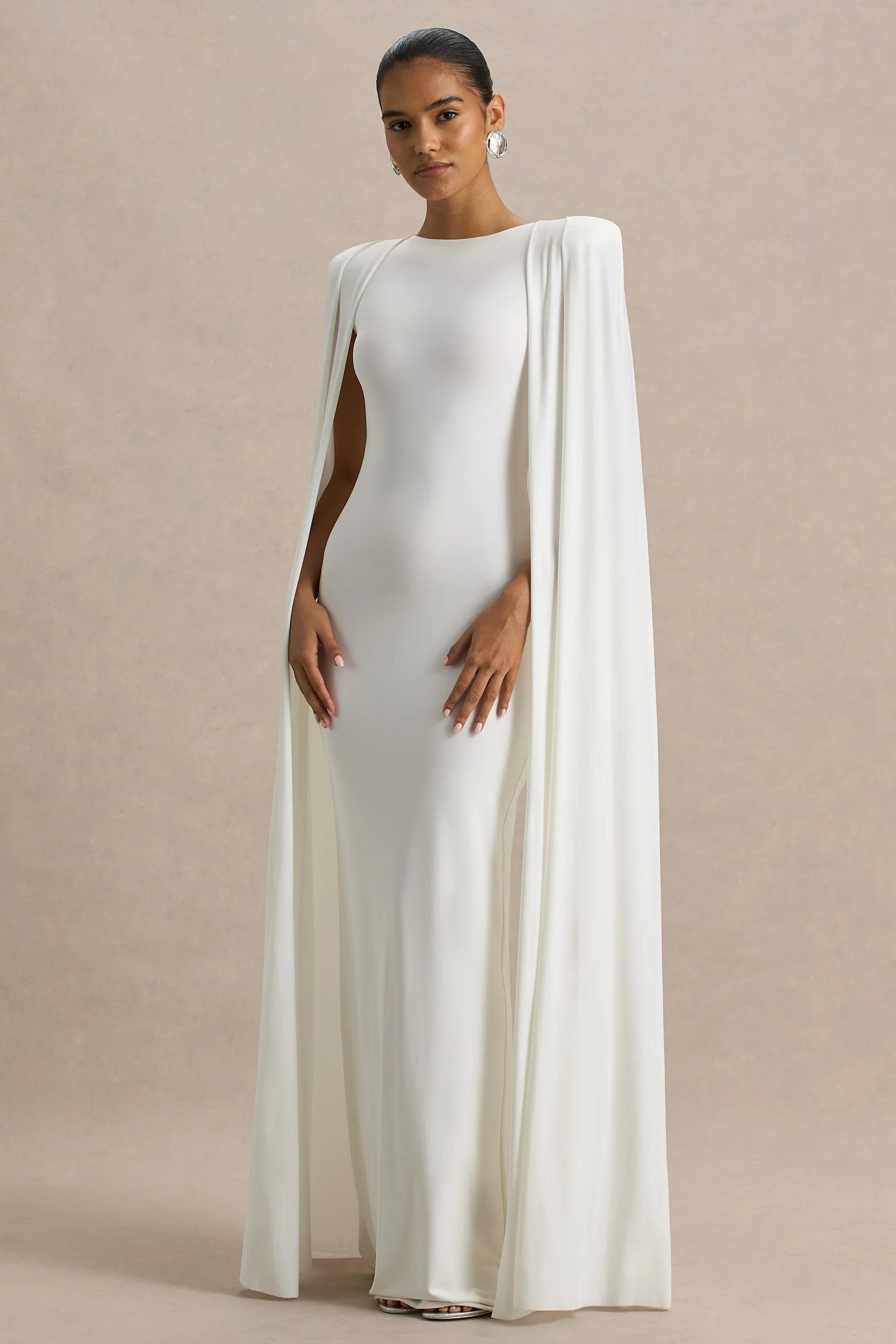 Mimi White Slashed Neck Maxi Dress With Cape Sleeve Detail